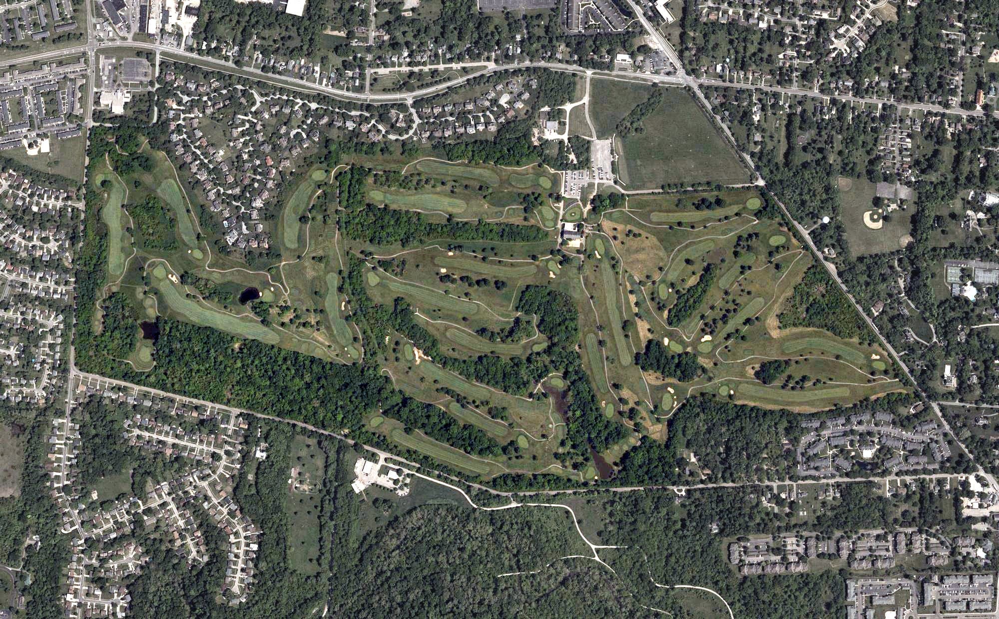 Aerial view of Glenview Golf Course, OH, with its hole routing marked