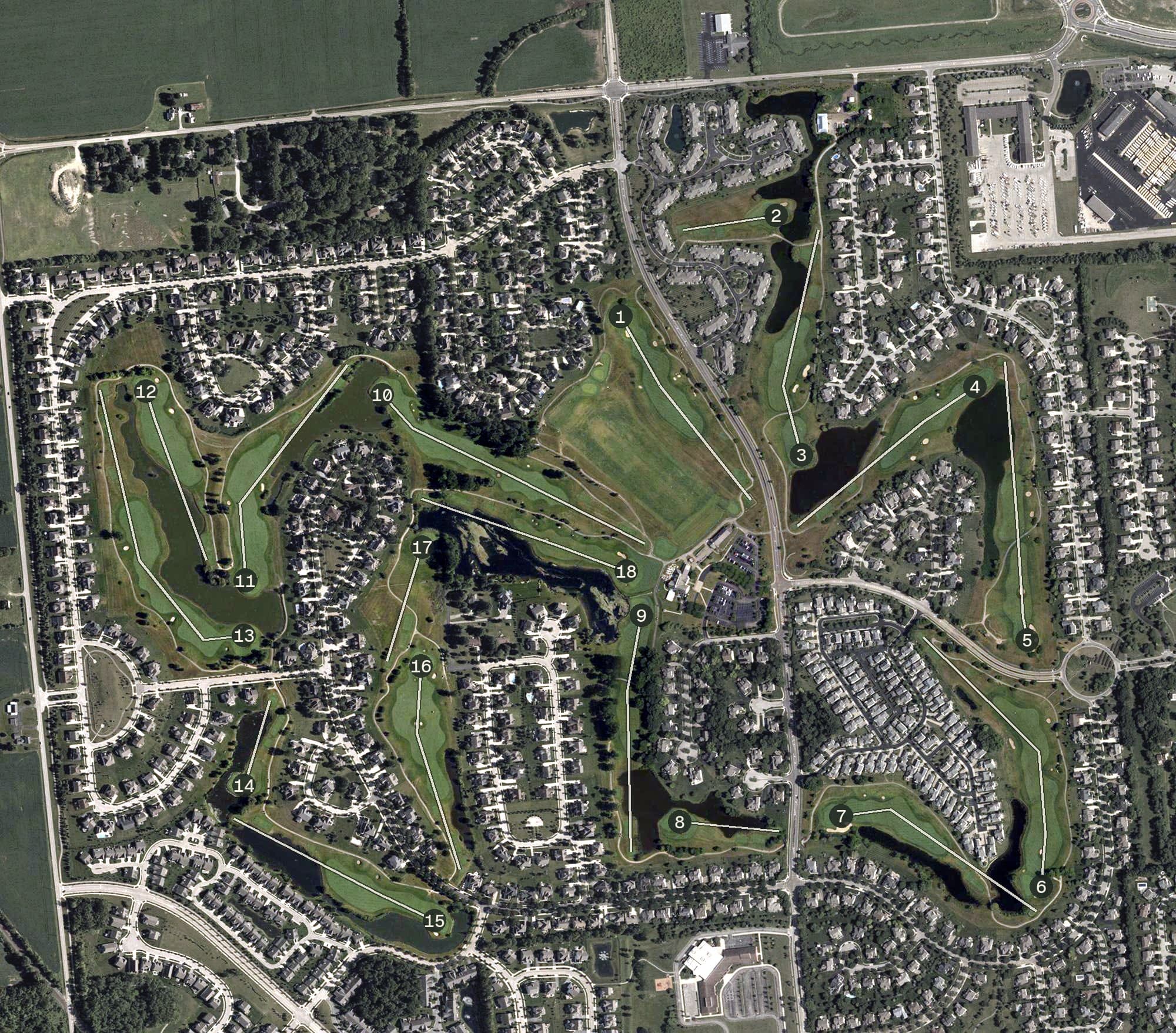 Aerial view of Golf Club of Dublin, OH, with its hole routing marked