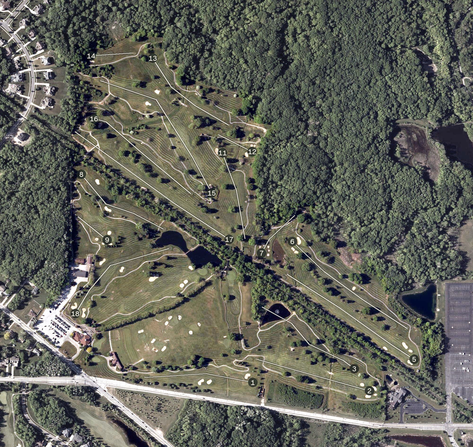 Aerial view of Grantwood Golf Course, OH, with its hole routing marked