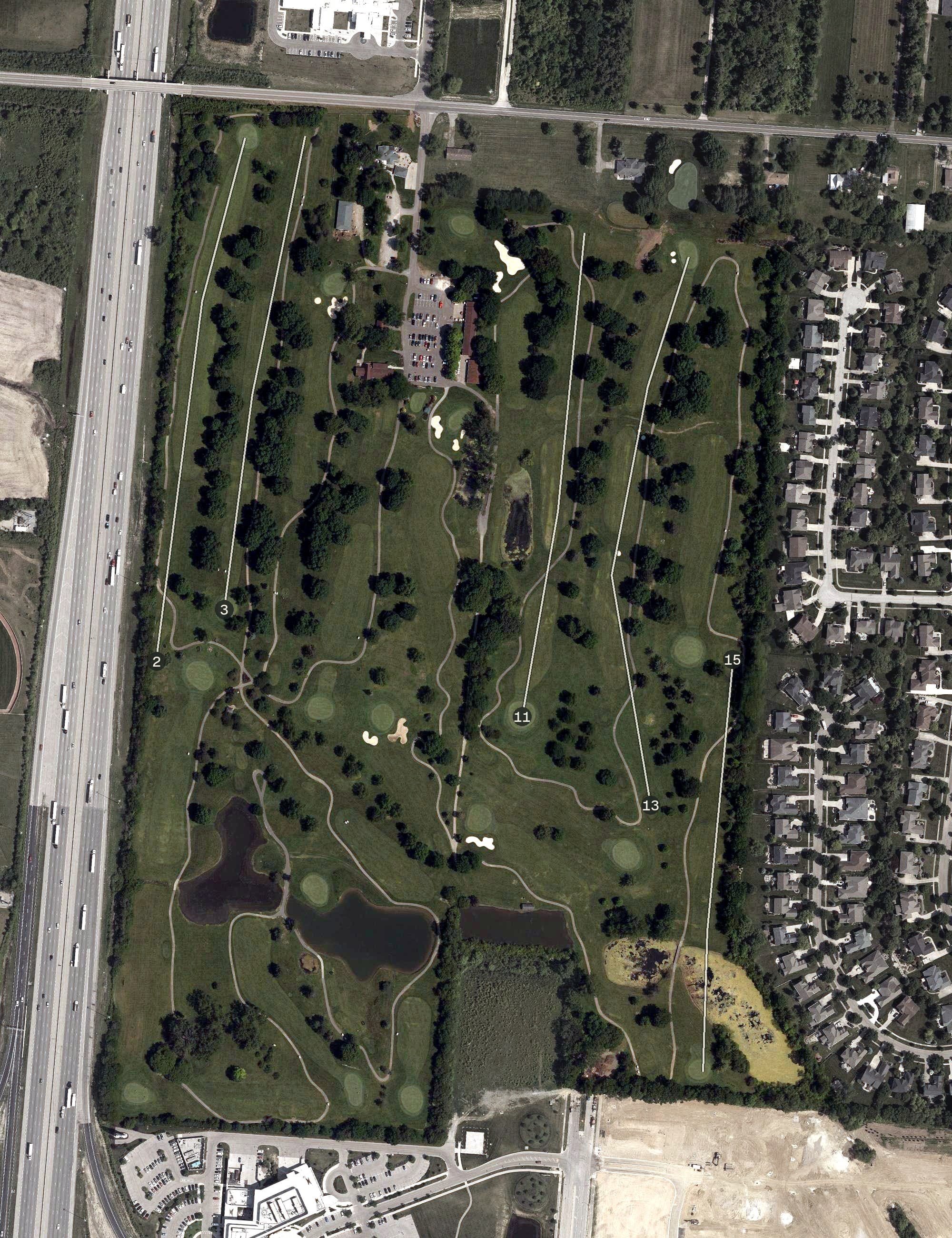 Aerial view of Green Crest Golf Course, OH, with its hole routing marked