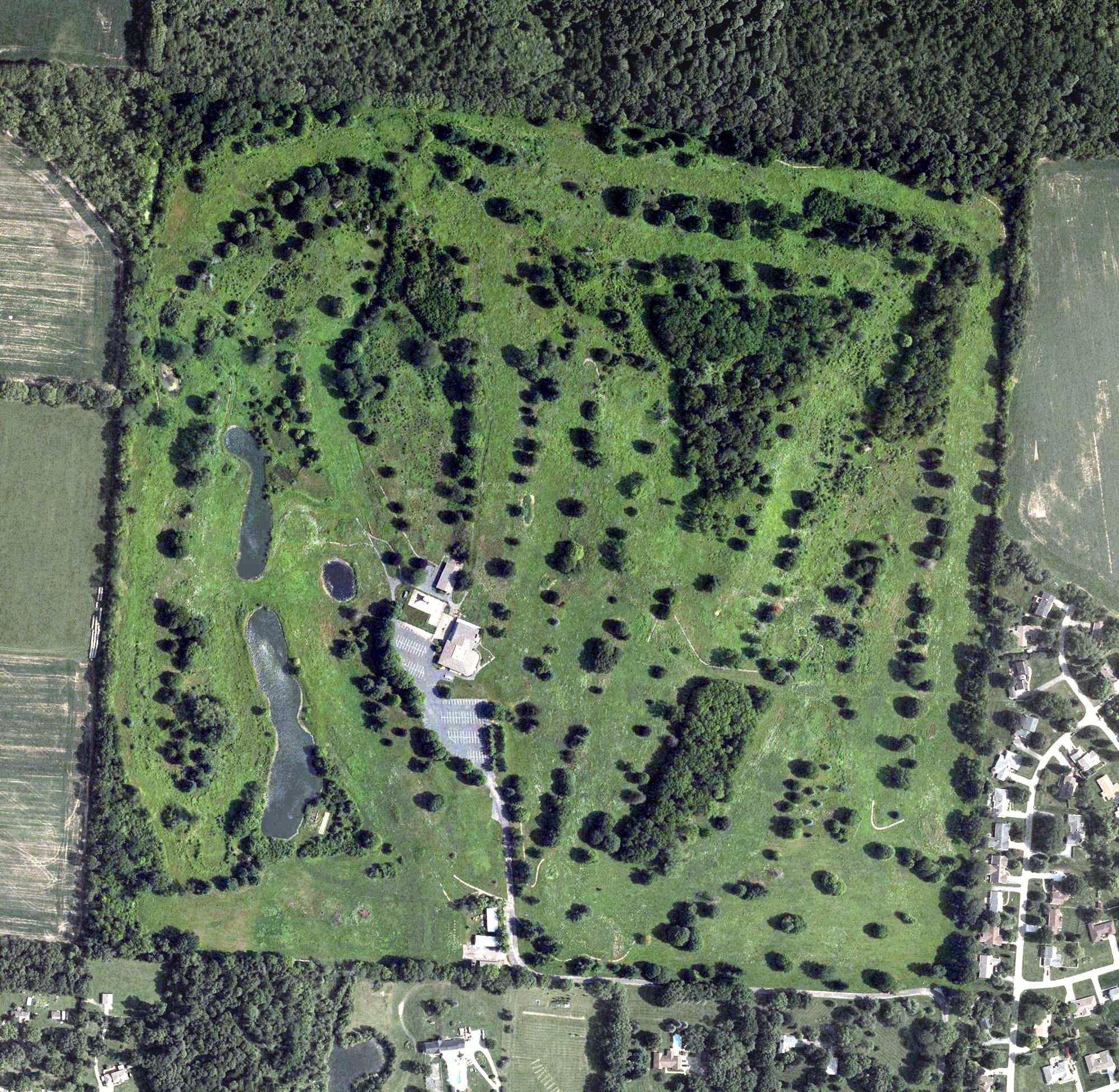 Aerial view of Greene Country Club Event Center, OH, with its hole routing marked
