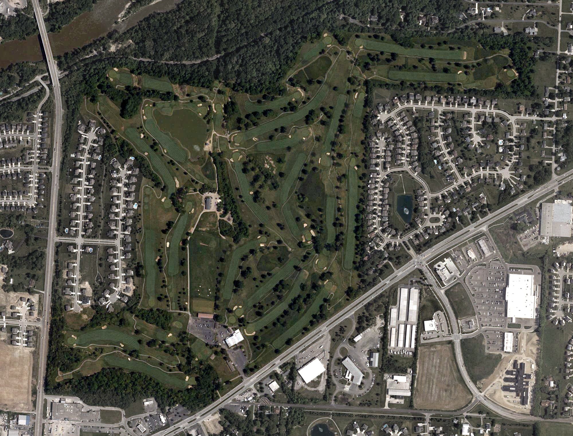 Aerial view of Hamilton Elks Golf Club, OH, with its hole routing marked
