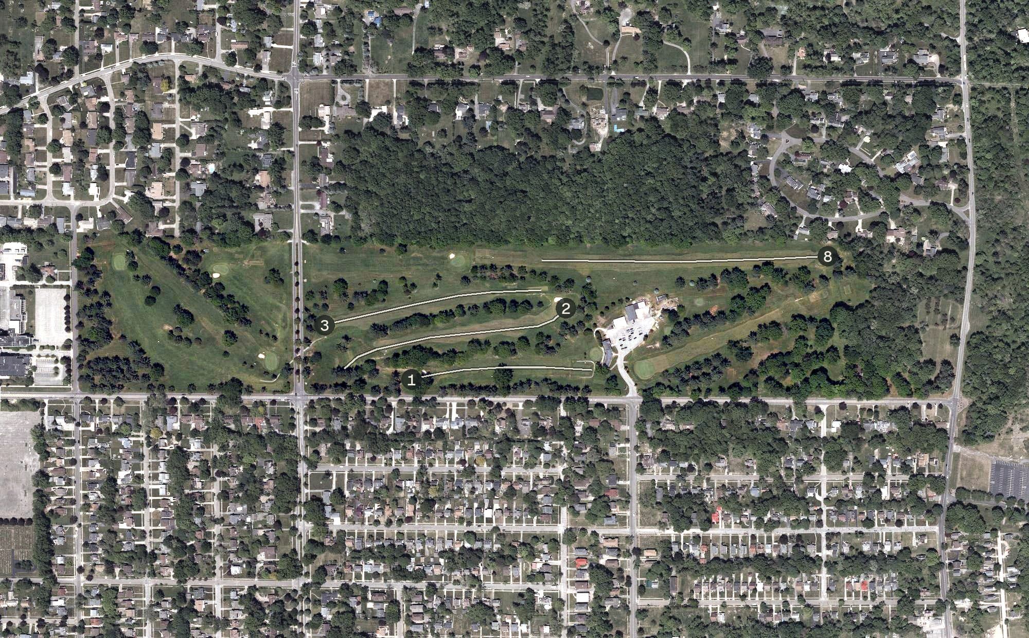 Aerial view of Henry Stambaugh Golf Course, OH, with its hole routing marked