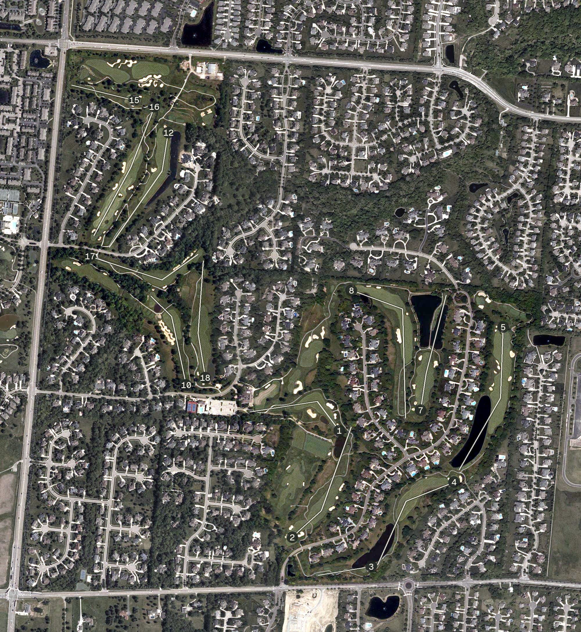 Aerial view of Heritage Club, OH, with its hole routing marked