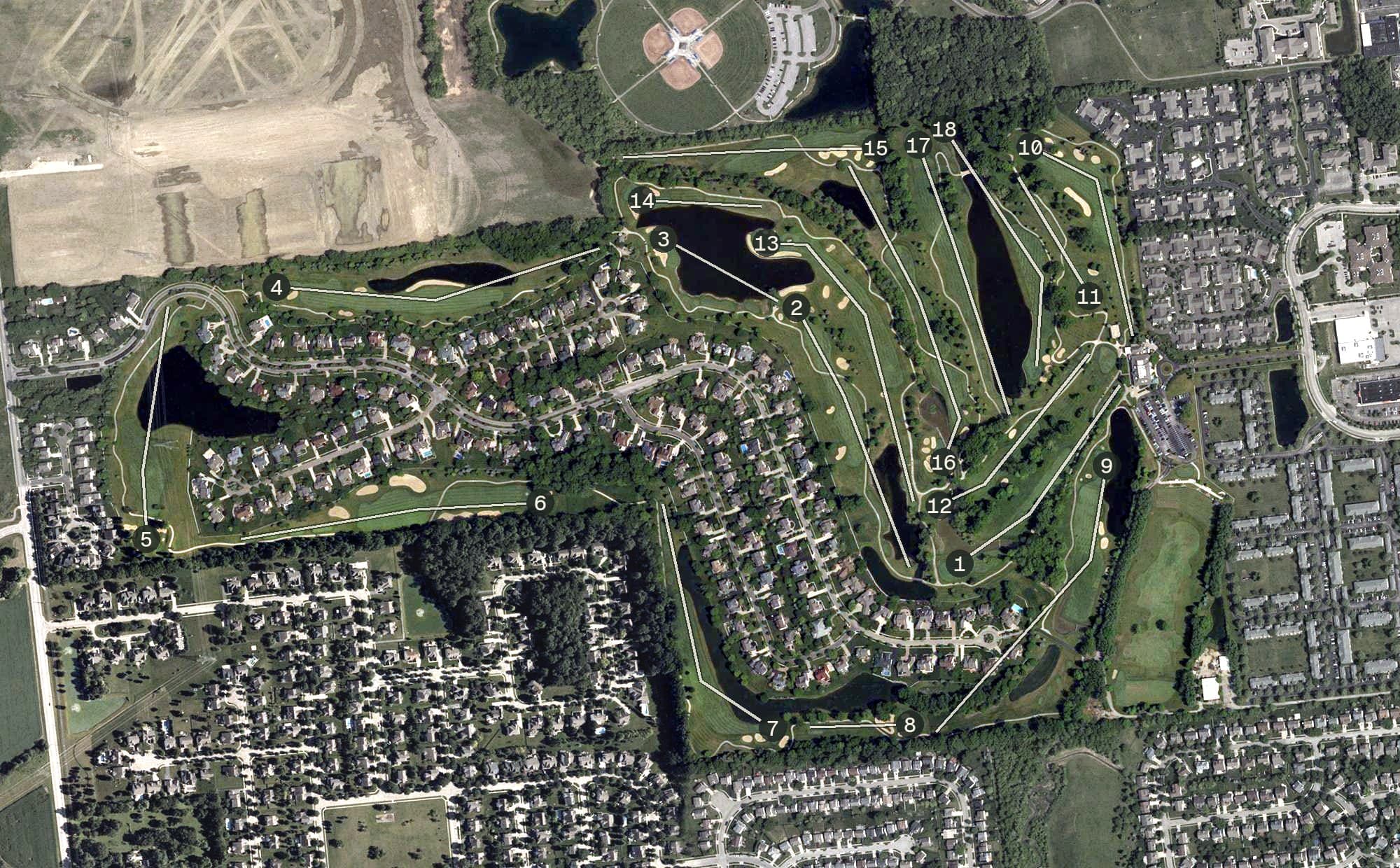 Aerial view of Heritage Golf Club, OH, with its hole routing marked