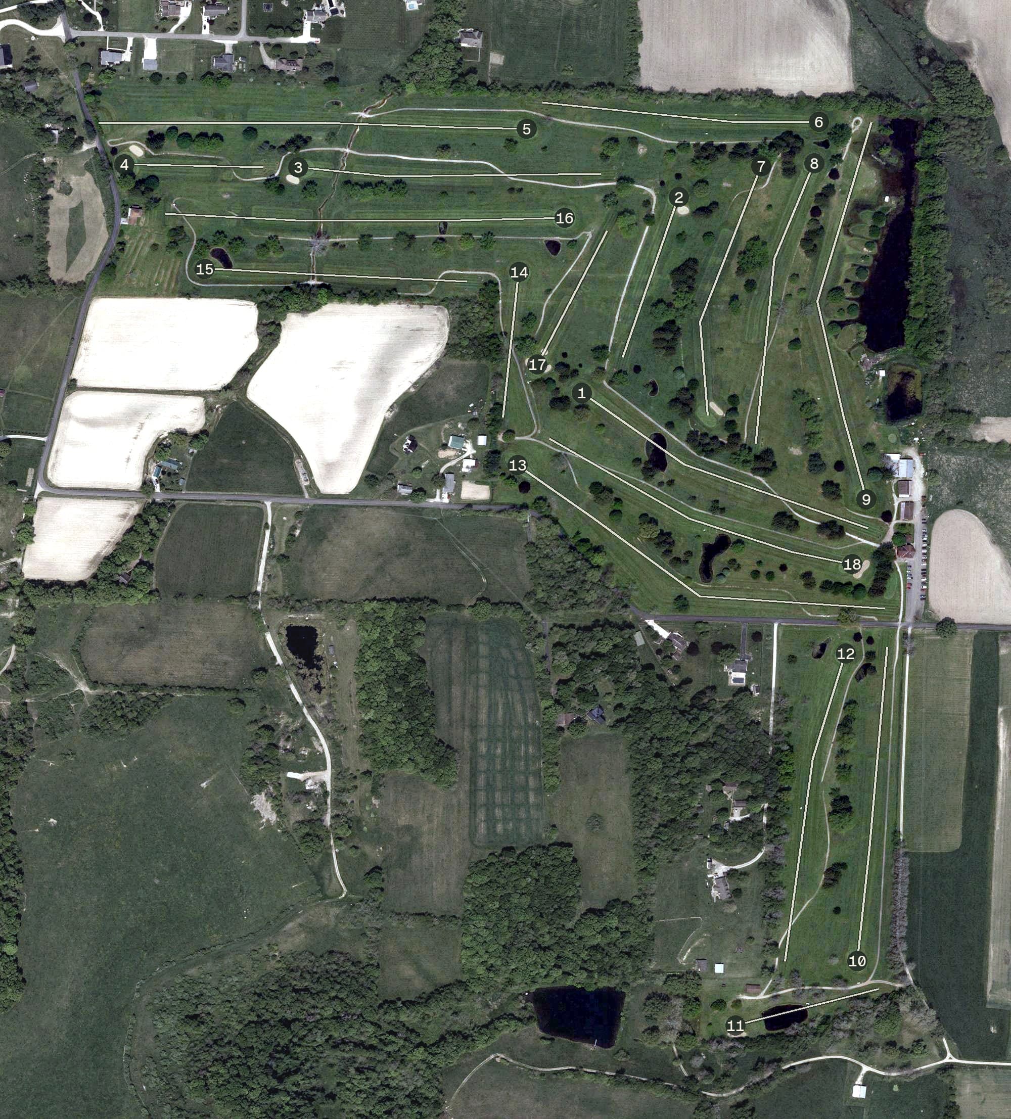 Aerial view of Hickory Flats Golf Course, OH, with its hole routing marked