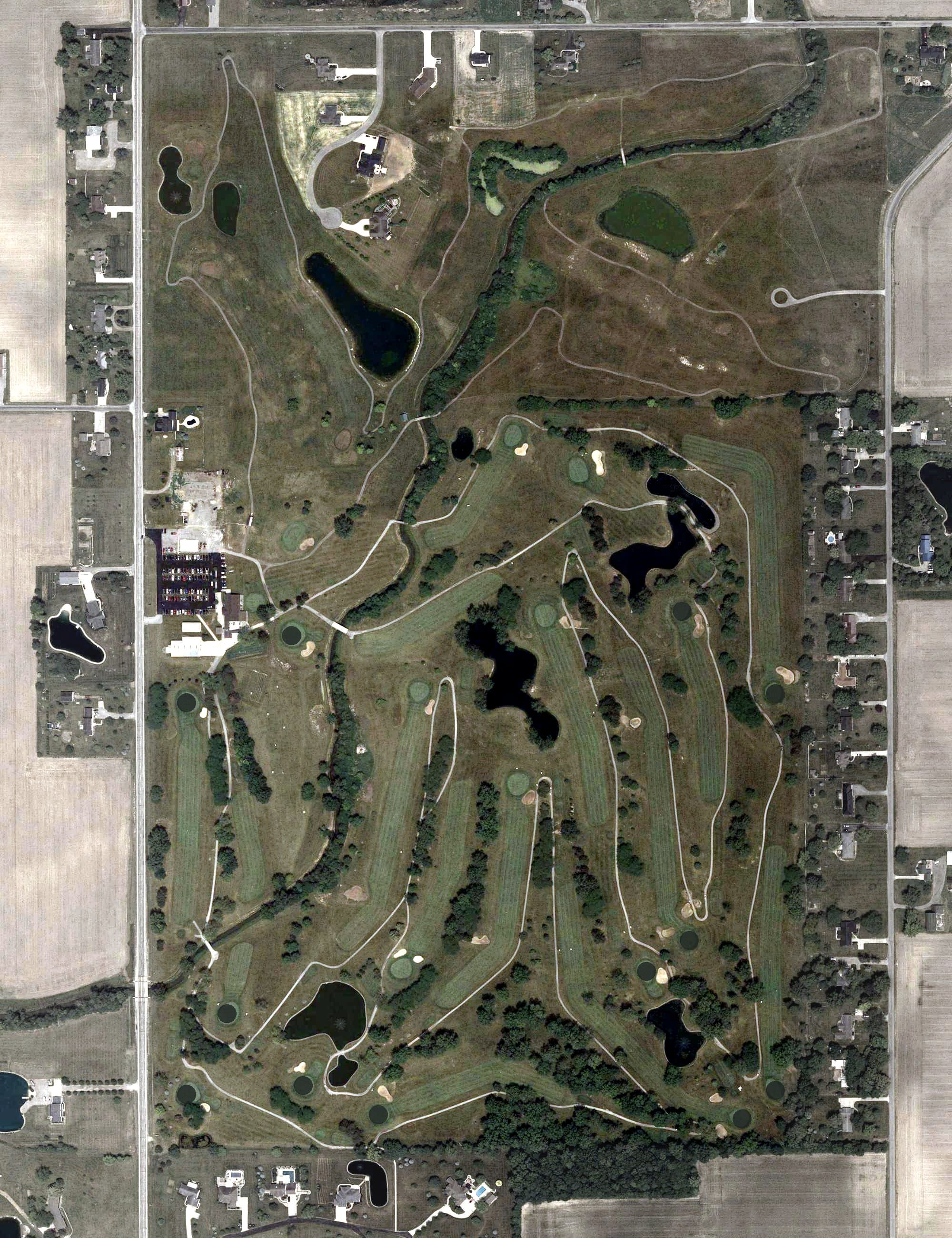Aerial view of Hickory Sticks Golf Club, OH, with its hole routing marked