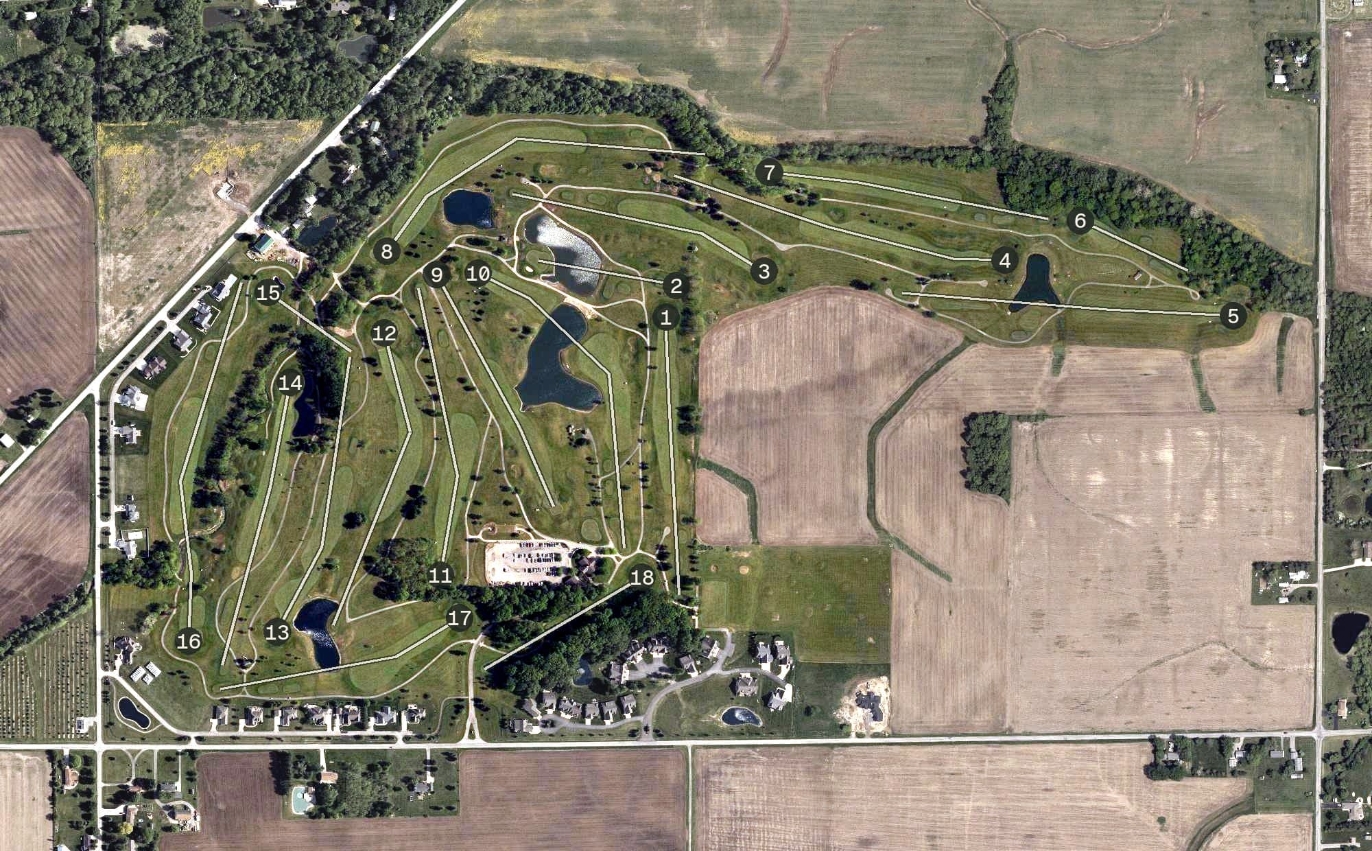Aerial view of Hidden Creek Golf Club, OH, with its hole routing marked