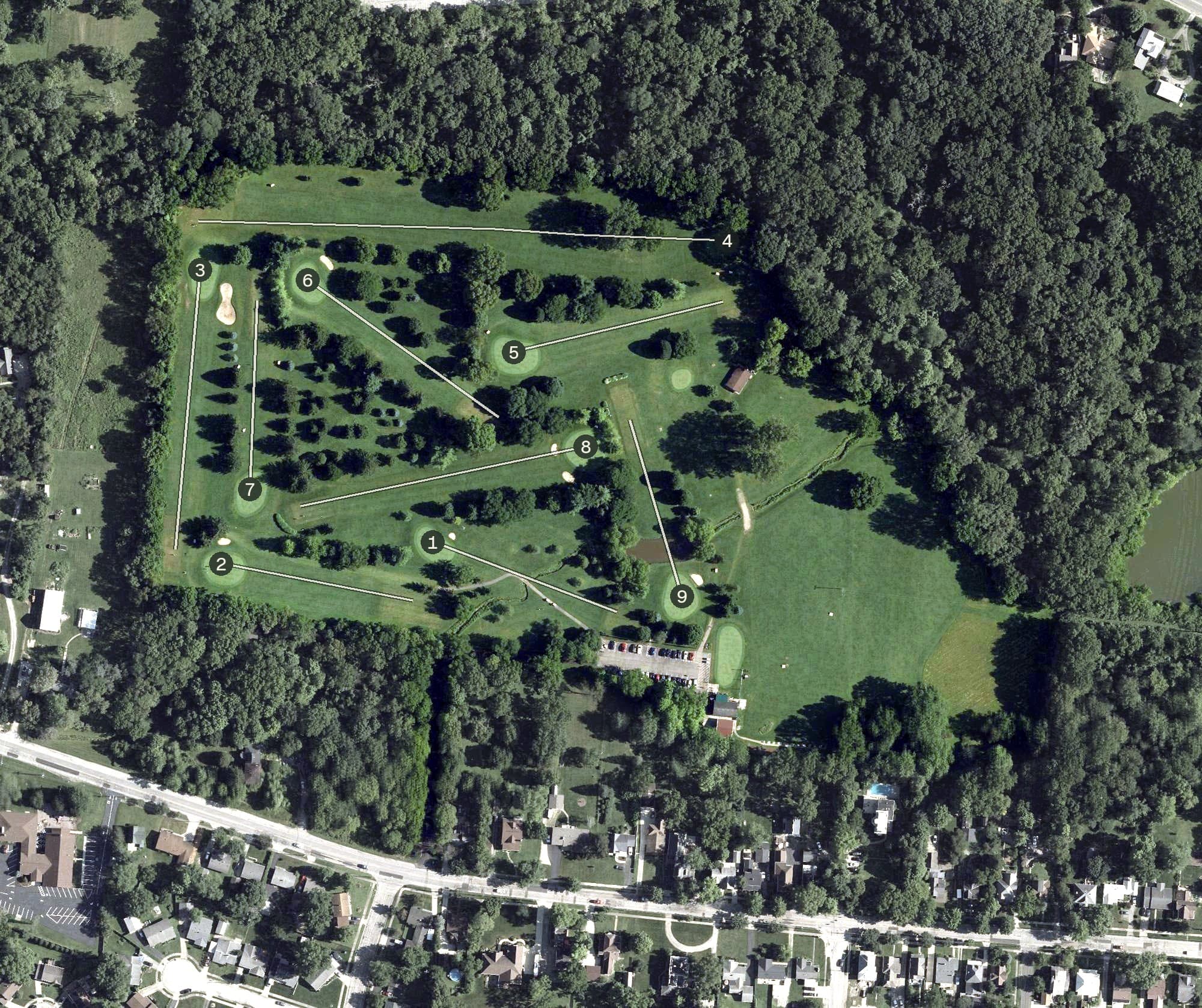 Aerial view of Hidden Valley Golf Course, OH, with its hole routing marked