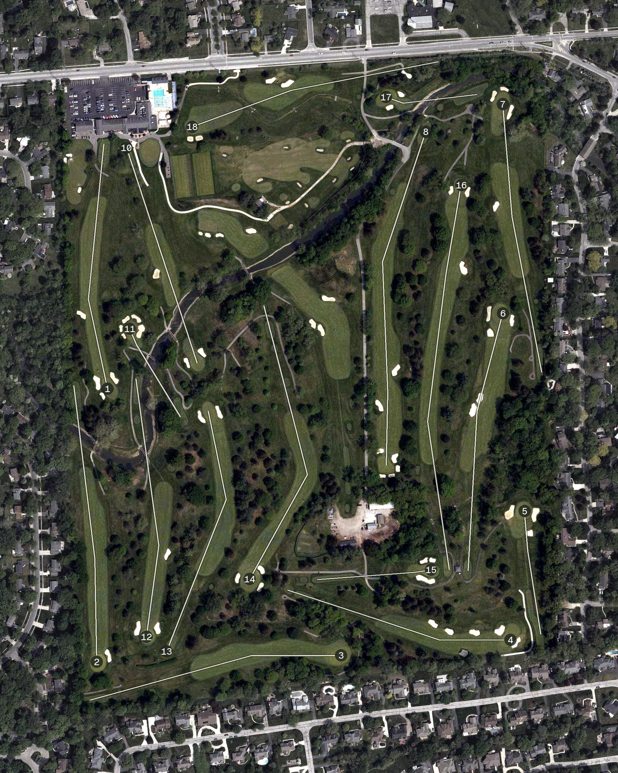 Aerial view of Highland Meadows Golf Club, OH, with its hole routing marked