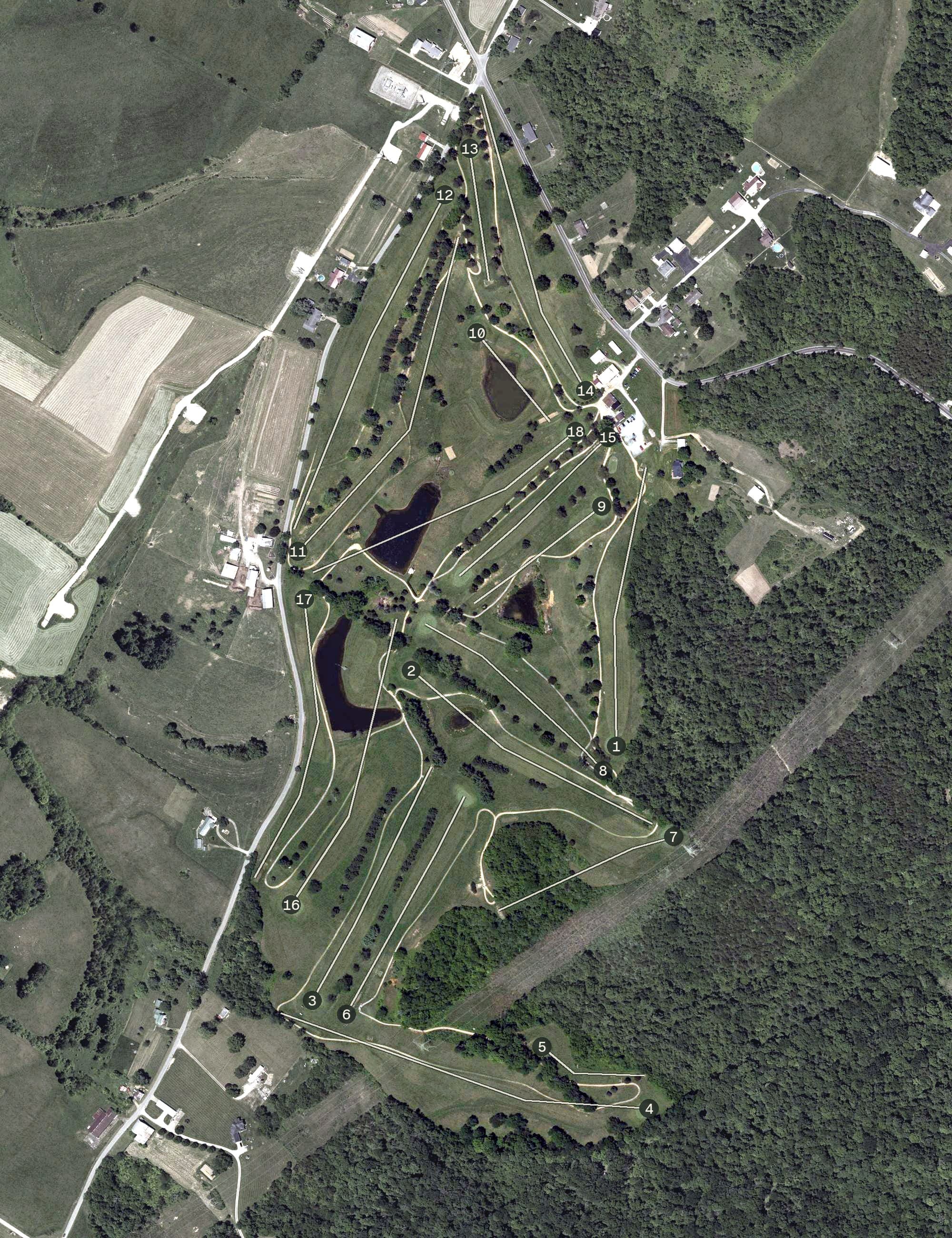 Aerial view of Hill Top, OH, with its hole routing marked
