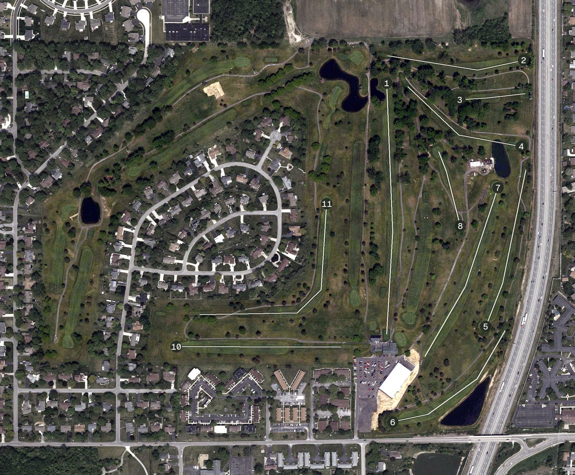 Aerial view of Hillcrest Golf Club, OH, with its hole routing marked