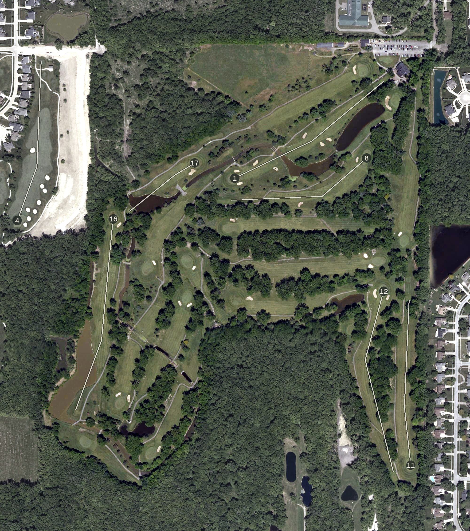 Aerial view of Hilliard Lakes Golf Club, OH, with its hole routing marked