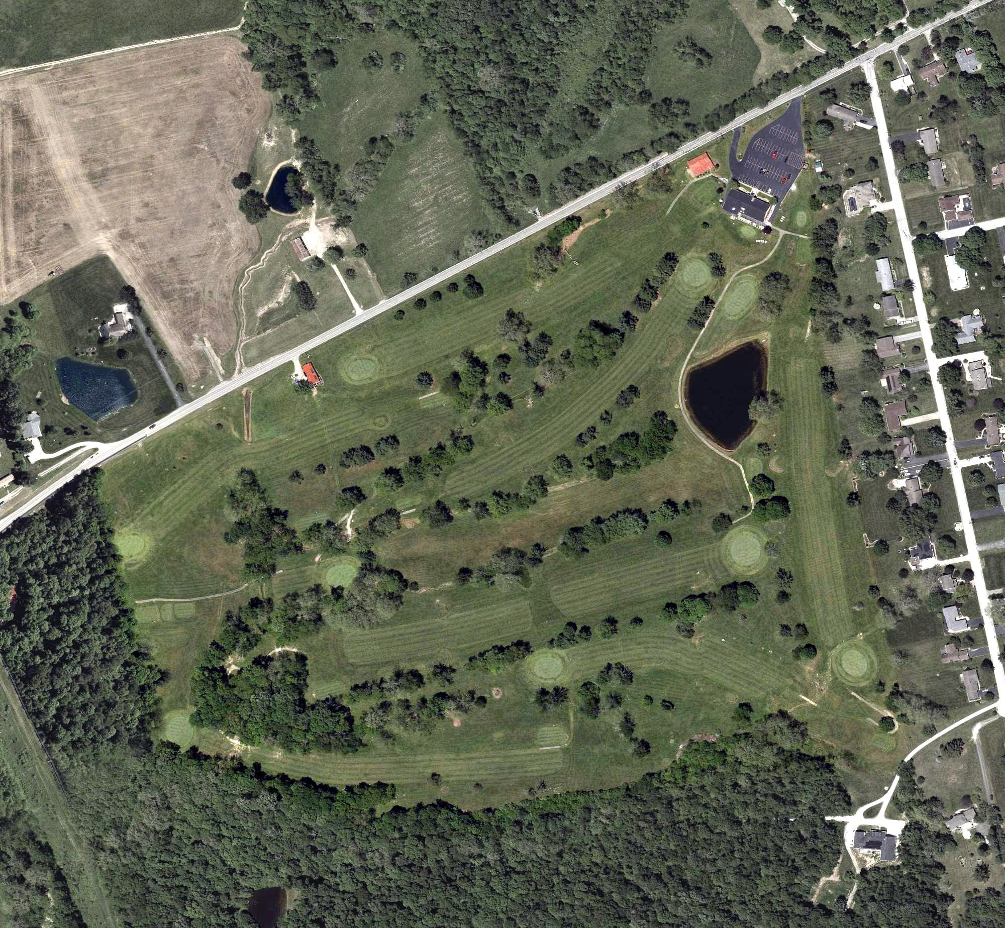 Aerial view of Hillsboro Elks Golf Course, OH, with its hole routing marked