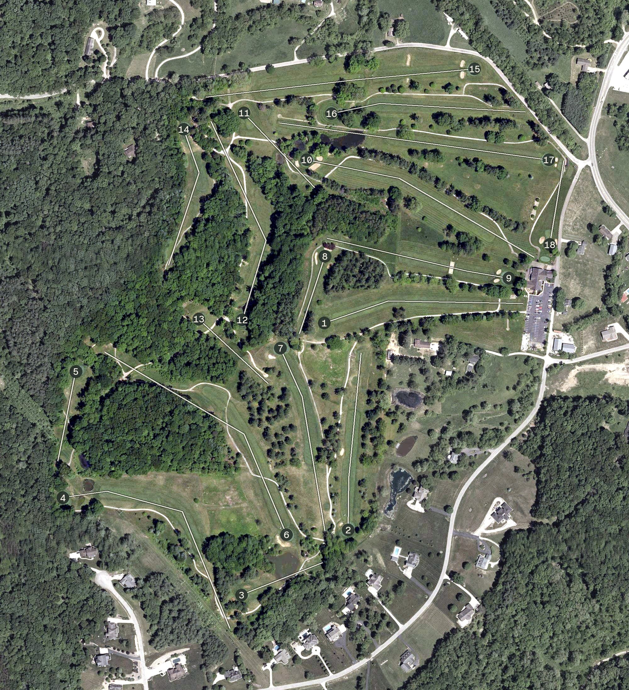 Aerial view of Hocking Hills Golf Club, OH, with its hole routing marked
