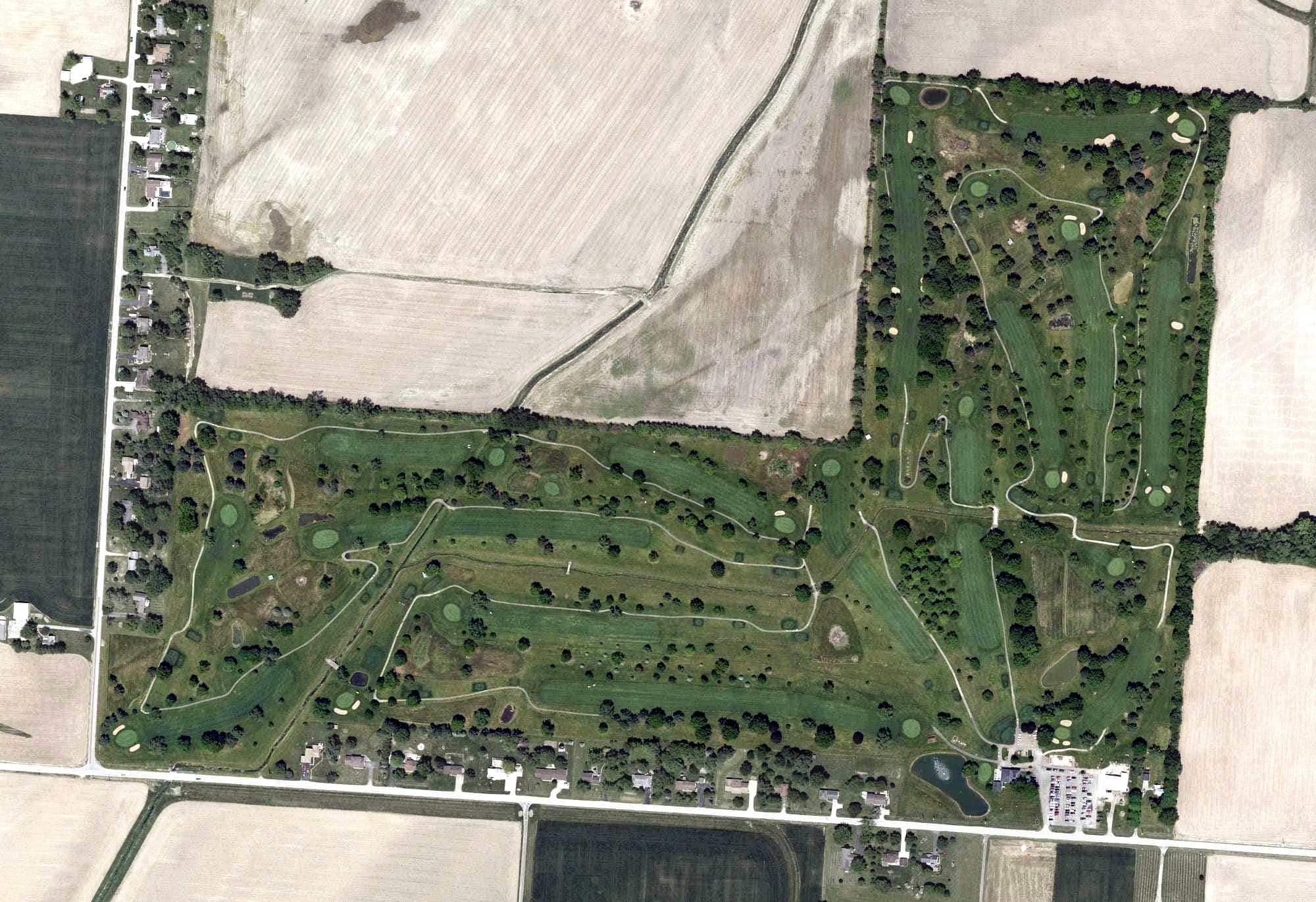 Aerial view of Homestead Springs Golf Course, OH, with its hole routing marked