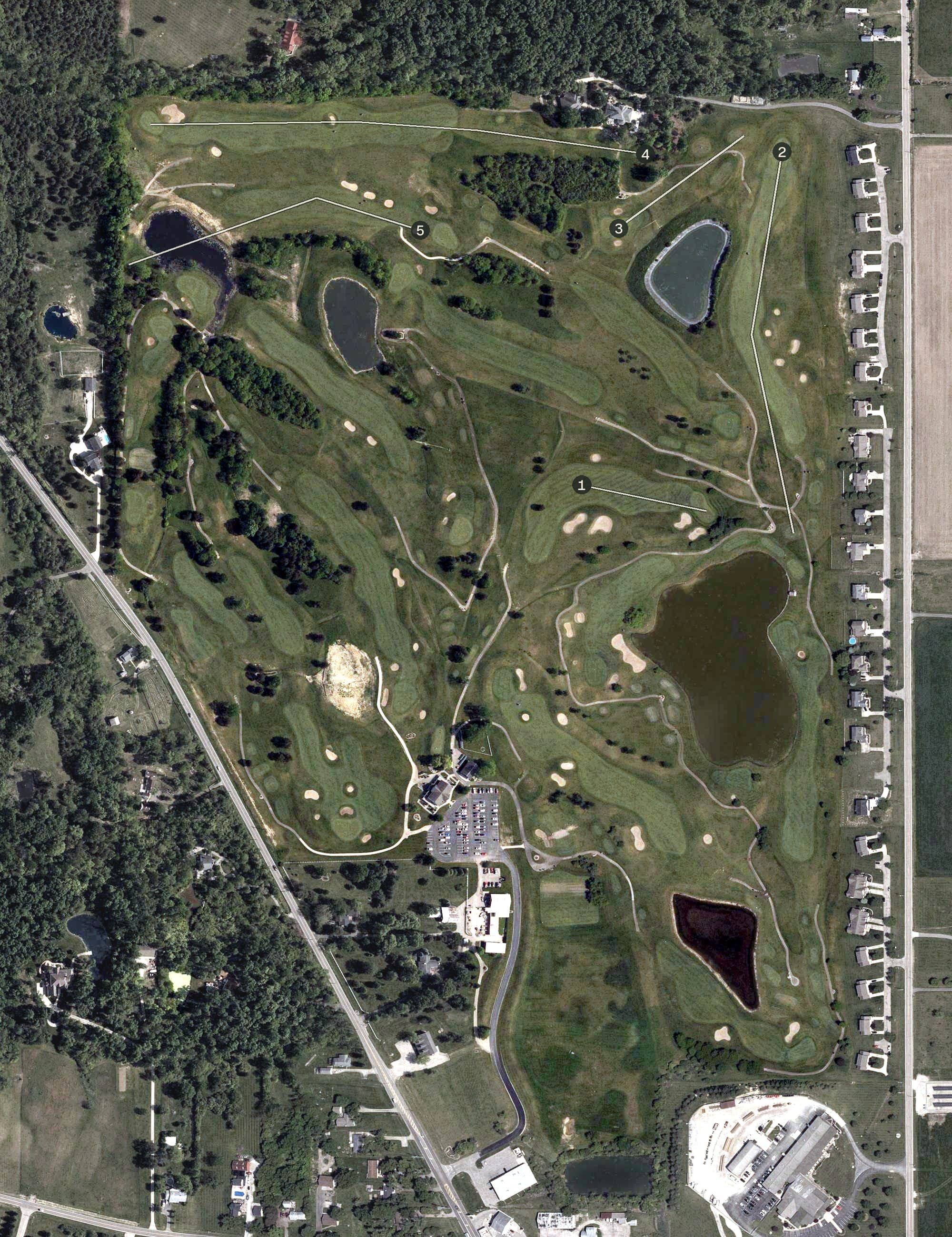Aerial view of Indian Ridge Golf Club, OH, with its hole routing marked