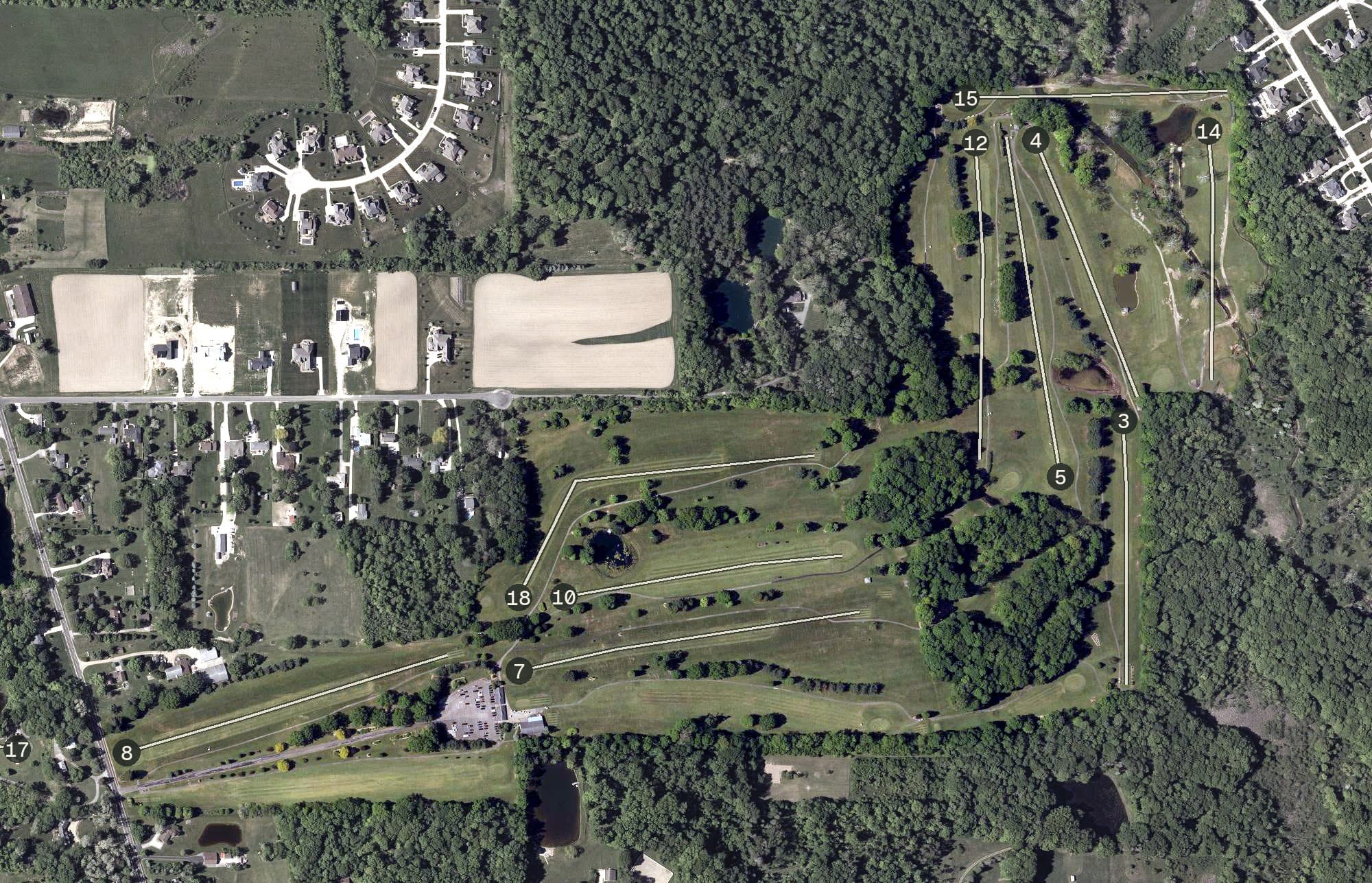 Aerial view of Ironwood Golf Course, OH, with its hole routing marked