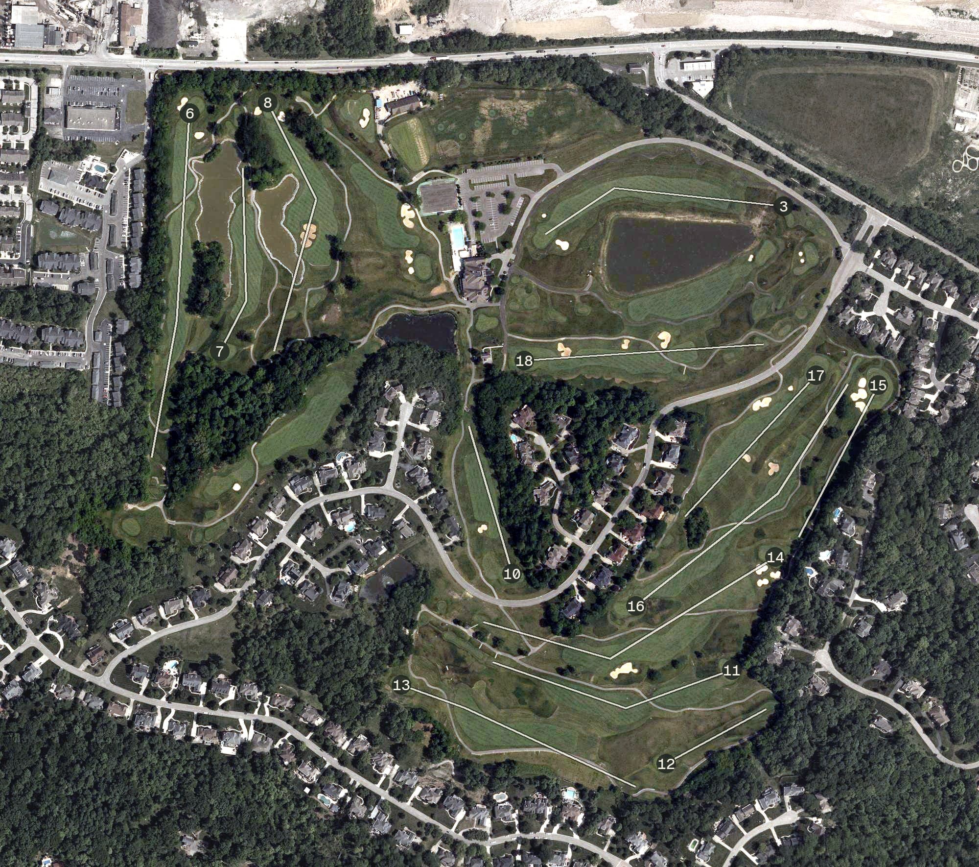 Aerial view of Ivy Hills Country Club, OH, with its hole routing marked