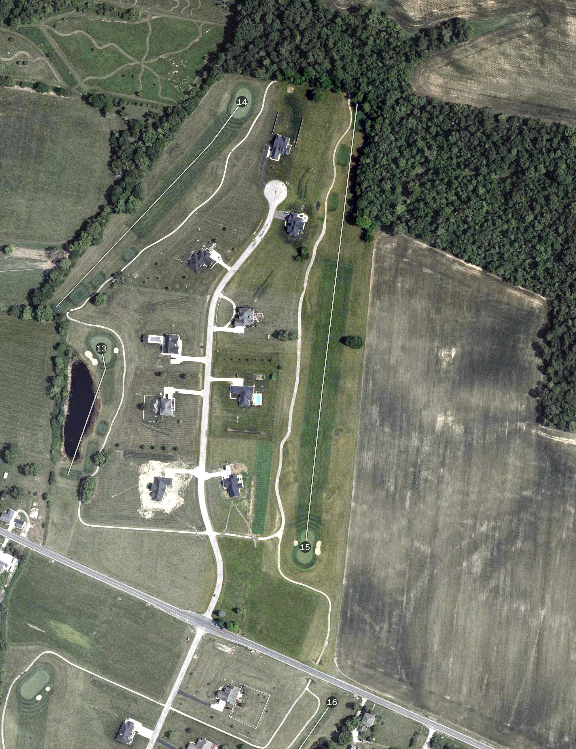 Aerial view of Jasper Hills Golf Club, OH, with its hole routing marked