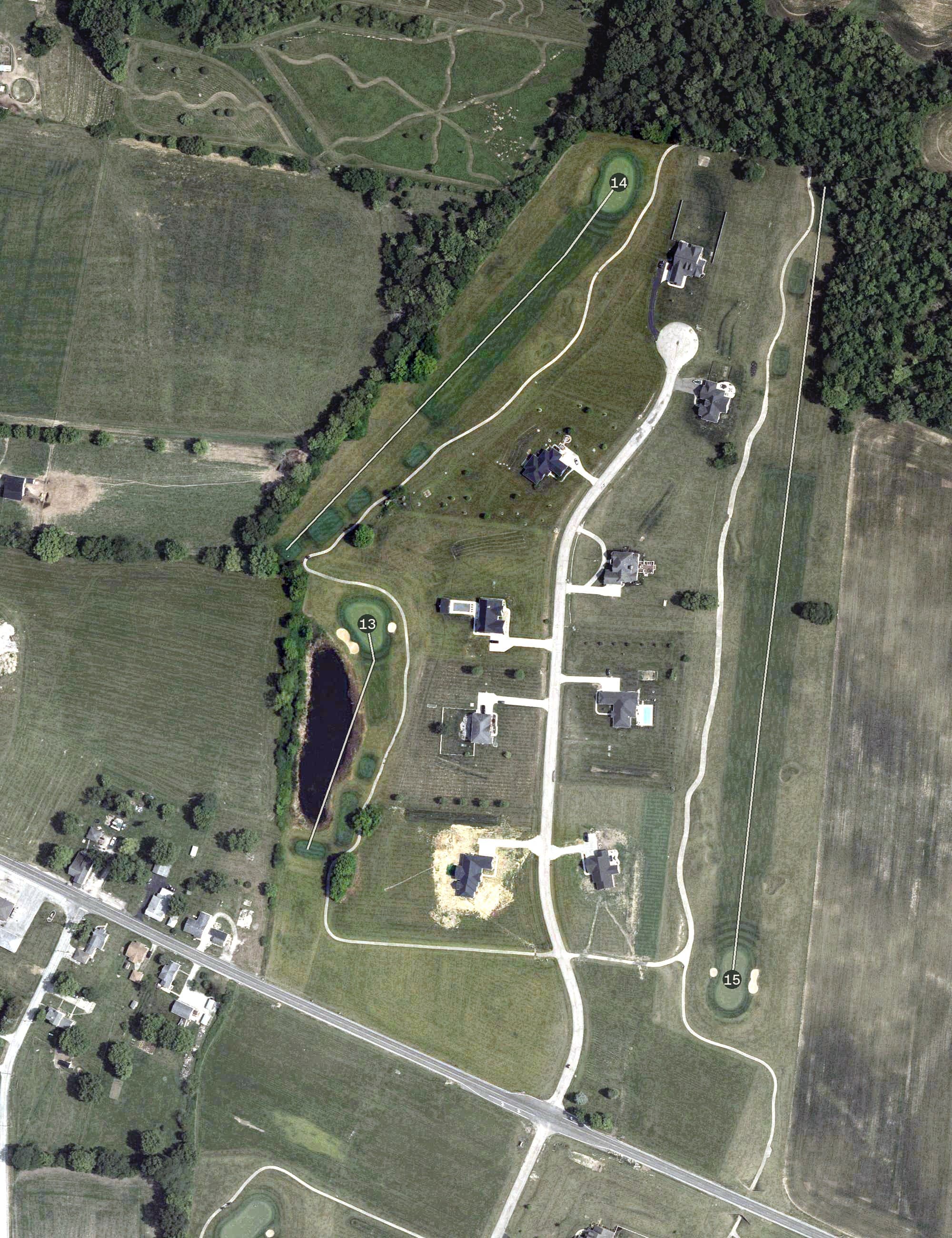 Aerial view of Jasper Hills Golf Club, OH, with its hole routing marked