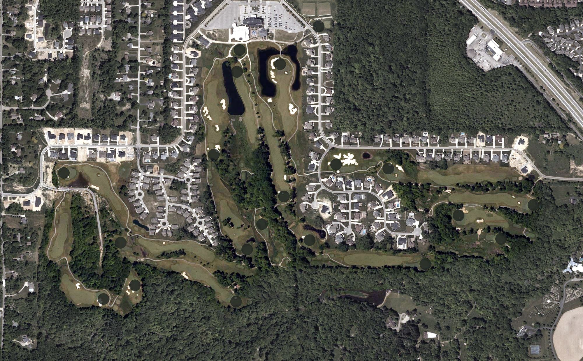 Aerial view of Kensington Golf Club, OH, with its hole routing marked