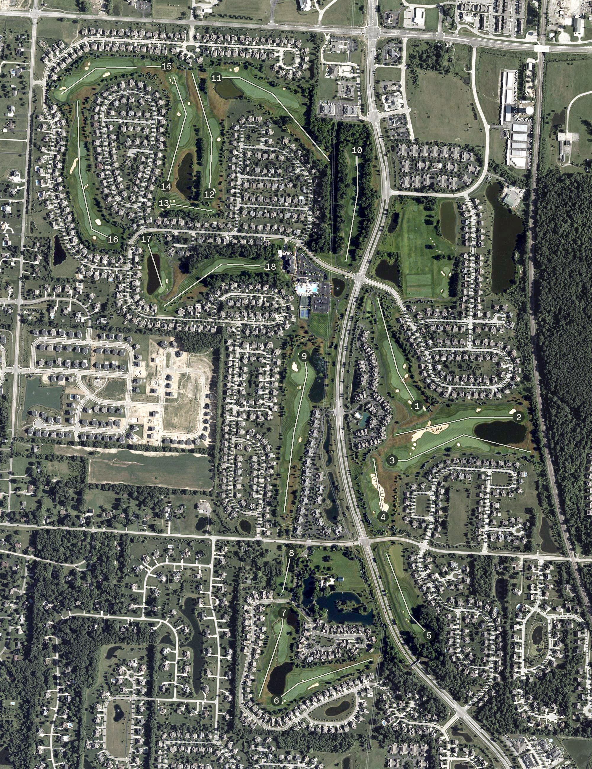 Aerial view of Kinsale Golf and Fitness Club, OH, with its hole routing marked