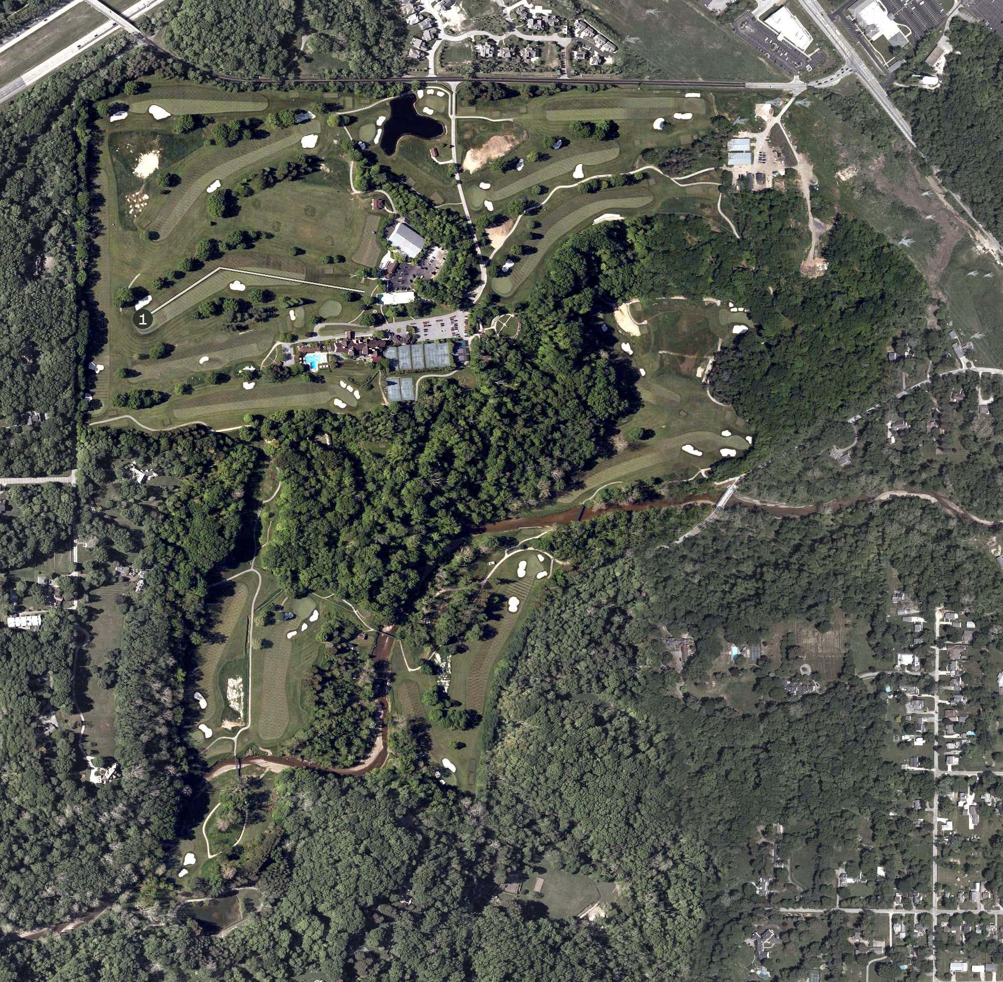 Aerial view of Kirtland Country Club, OH, with its hole routing marked
