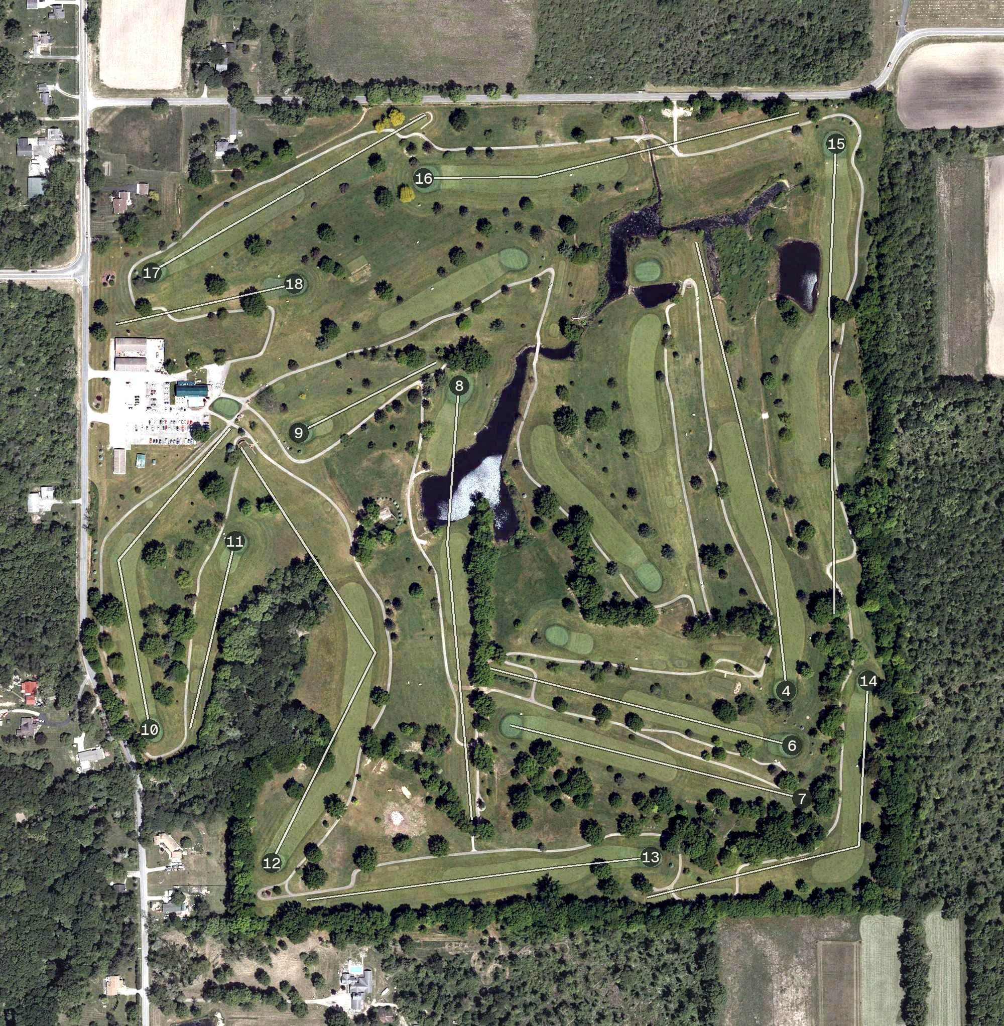 Aerial view of Knoll Run Golf Course, OH, with its hole routing marked