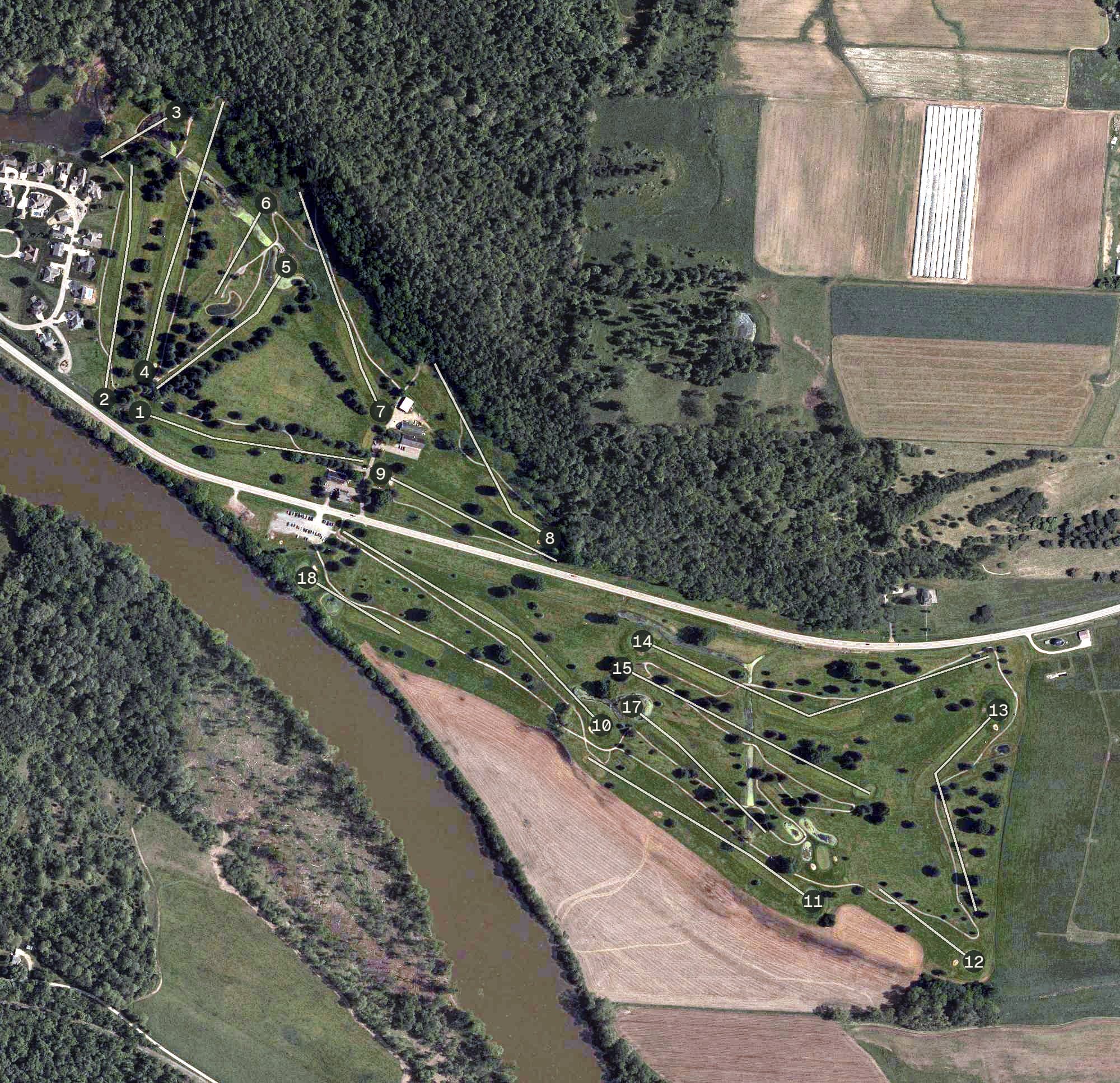 Aerial view of Lakeside Golf Course, OH, with its hole routing marked