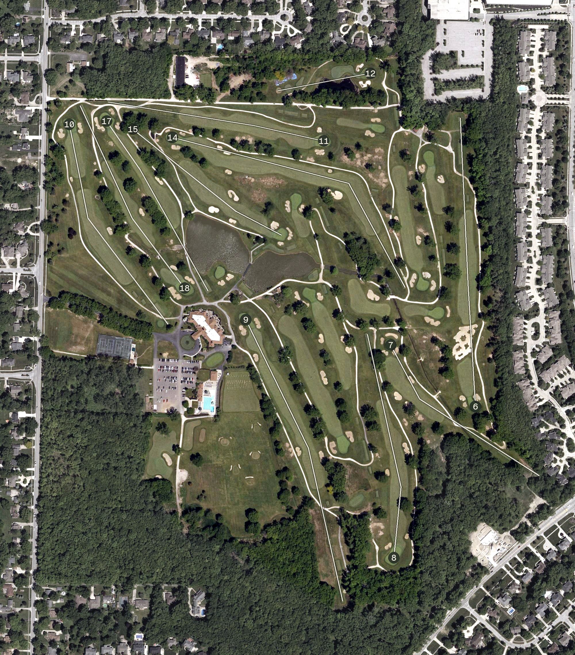 Aerial view of Lakewood Country Club, OH, with its hole routing marked