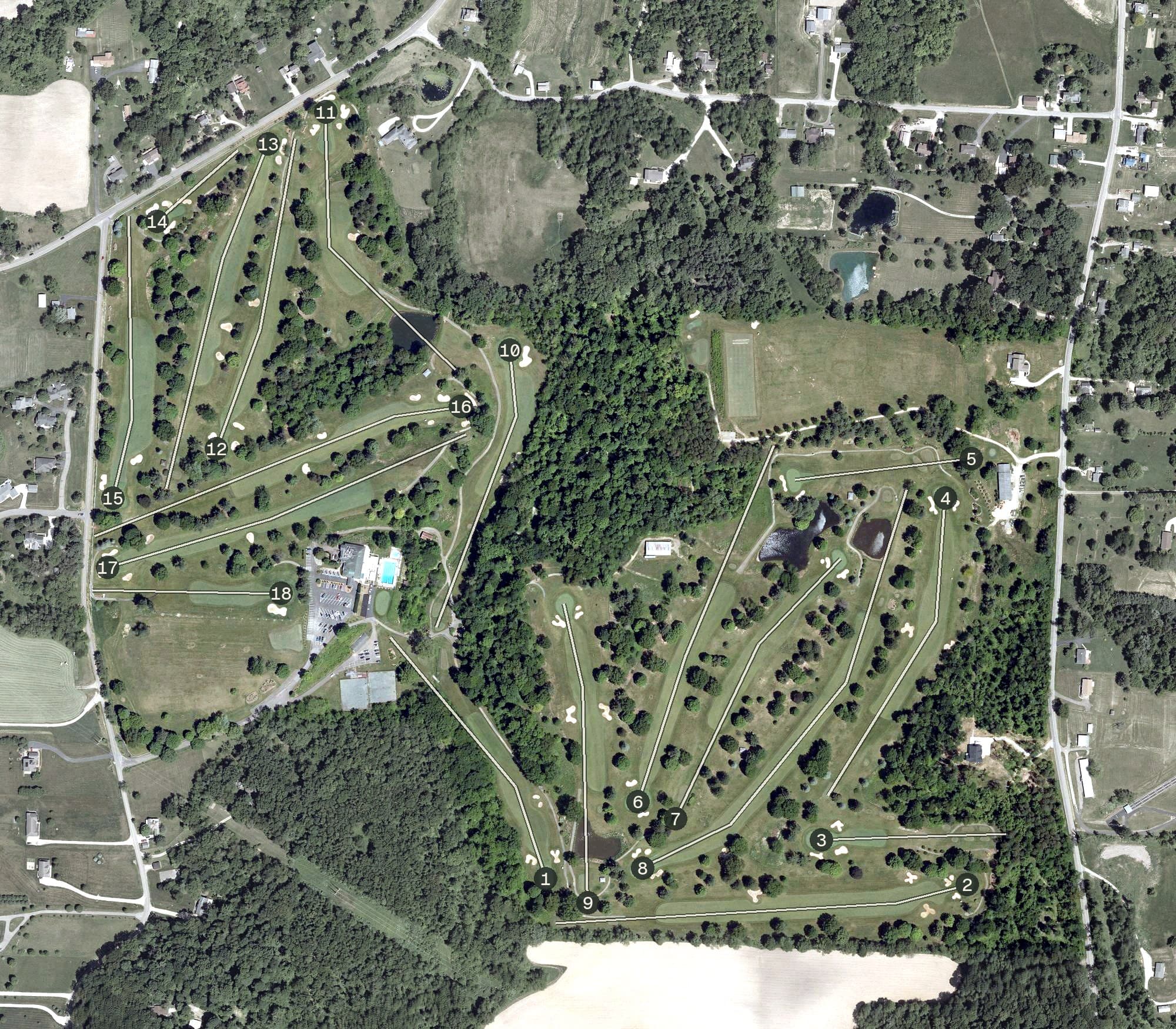 Aerial view of Lancaster Country Club, OH, with its hole routing marked