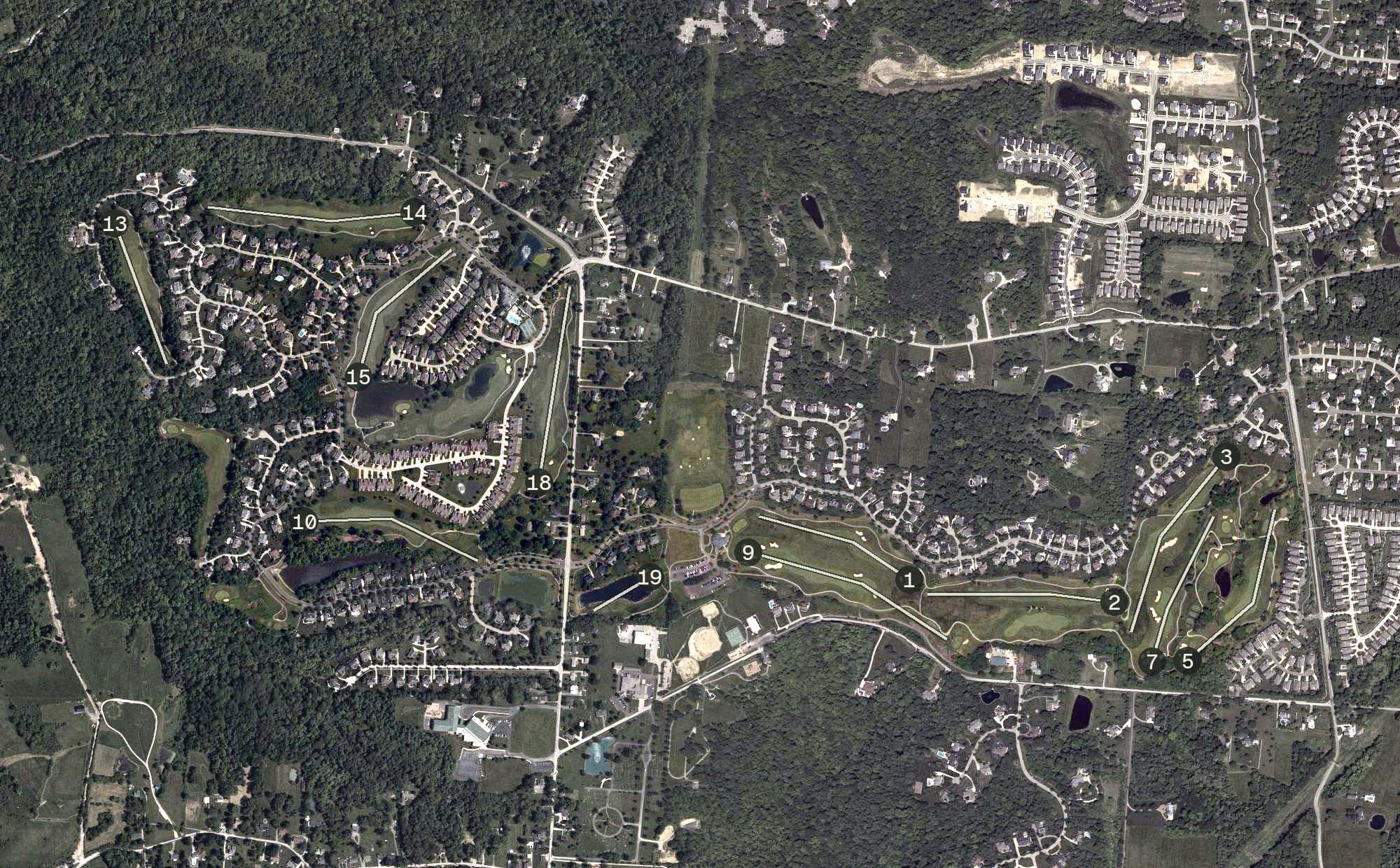 Aerial view of Legendary Run Golf Course, OH, with its hole routing marked