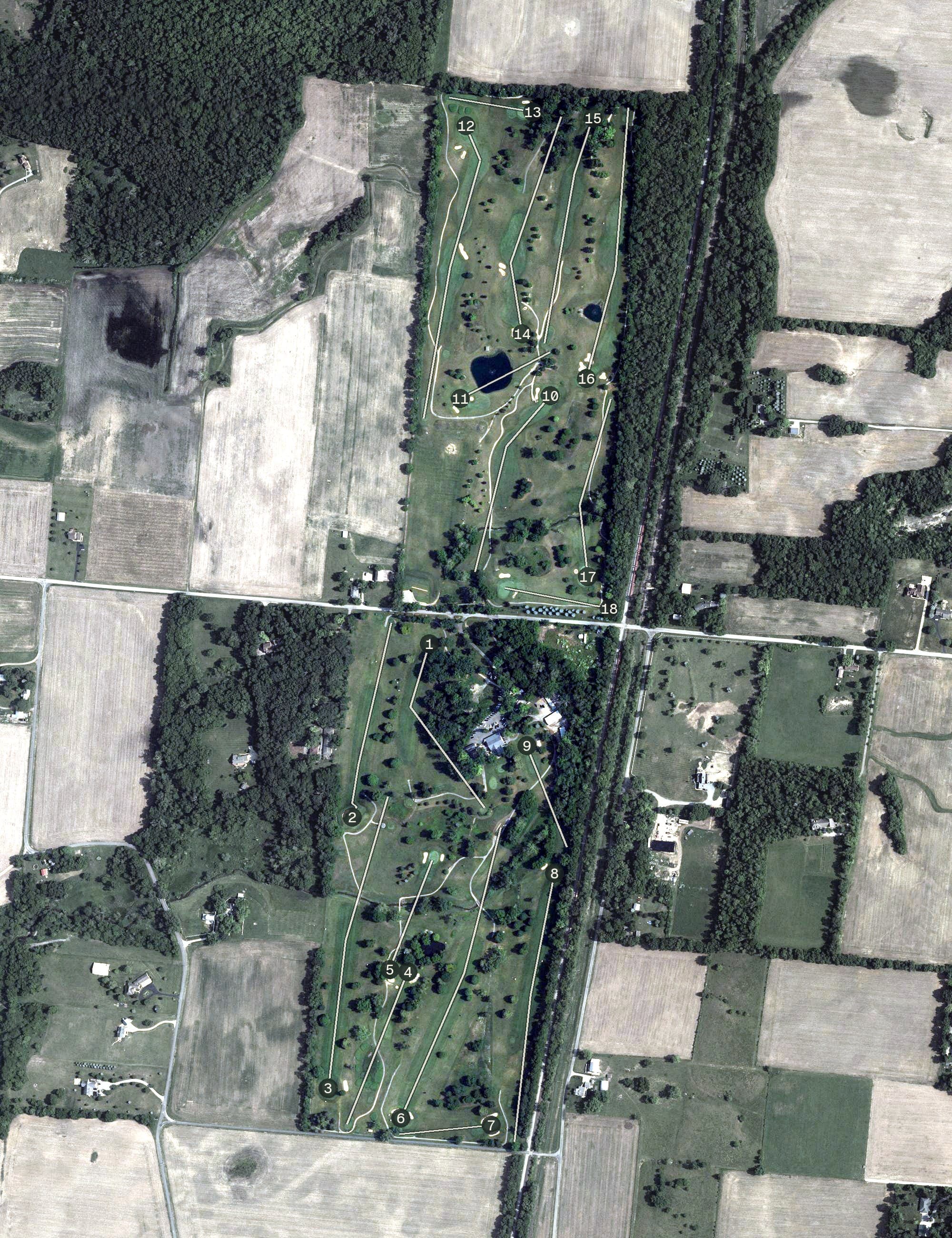 Aerial view of Liberty Hills Golf Club, OH, with its hole routing marked