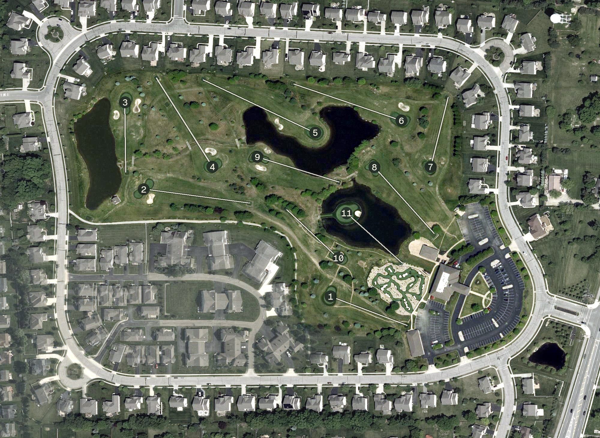 Aerial view of Little Bear Golf Club, OH, with its hole routing marked