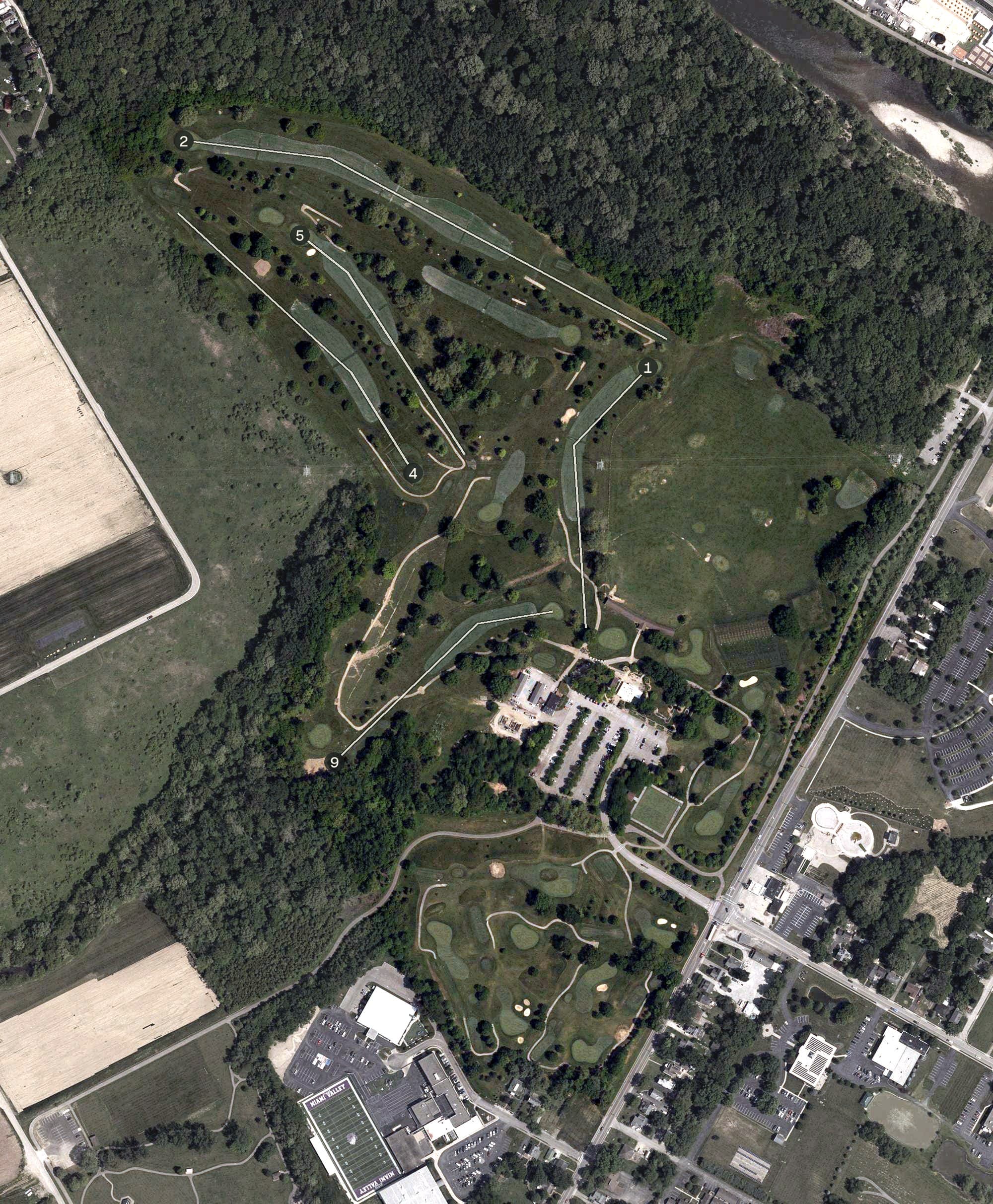 Aerial view of Little Miami Golf Center, OH, with its hole routing marked