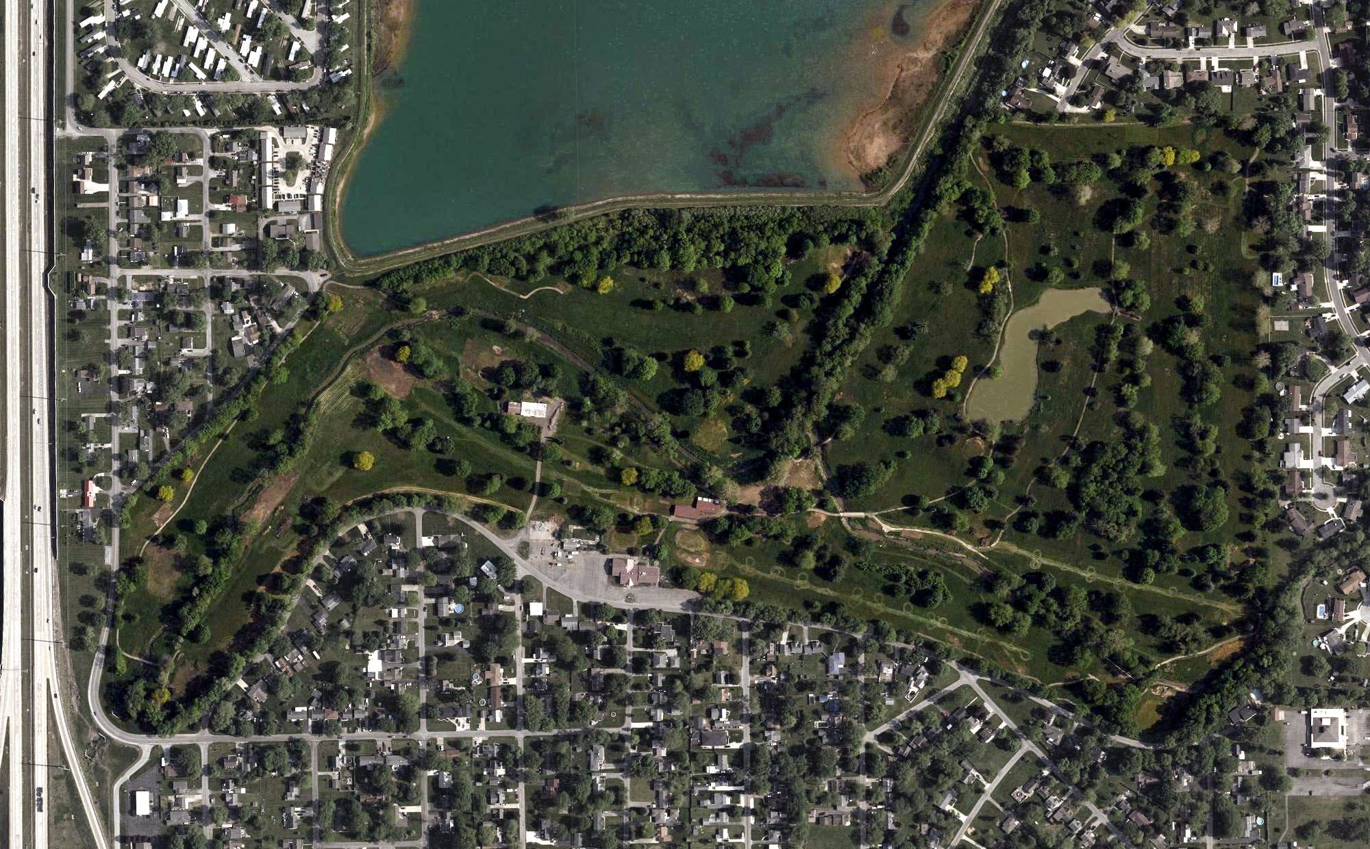 Aerial view of Lost Creek Golfers Club, OH, with its hole routing marked