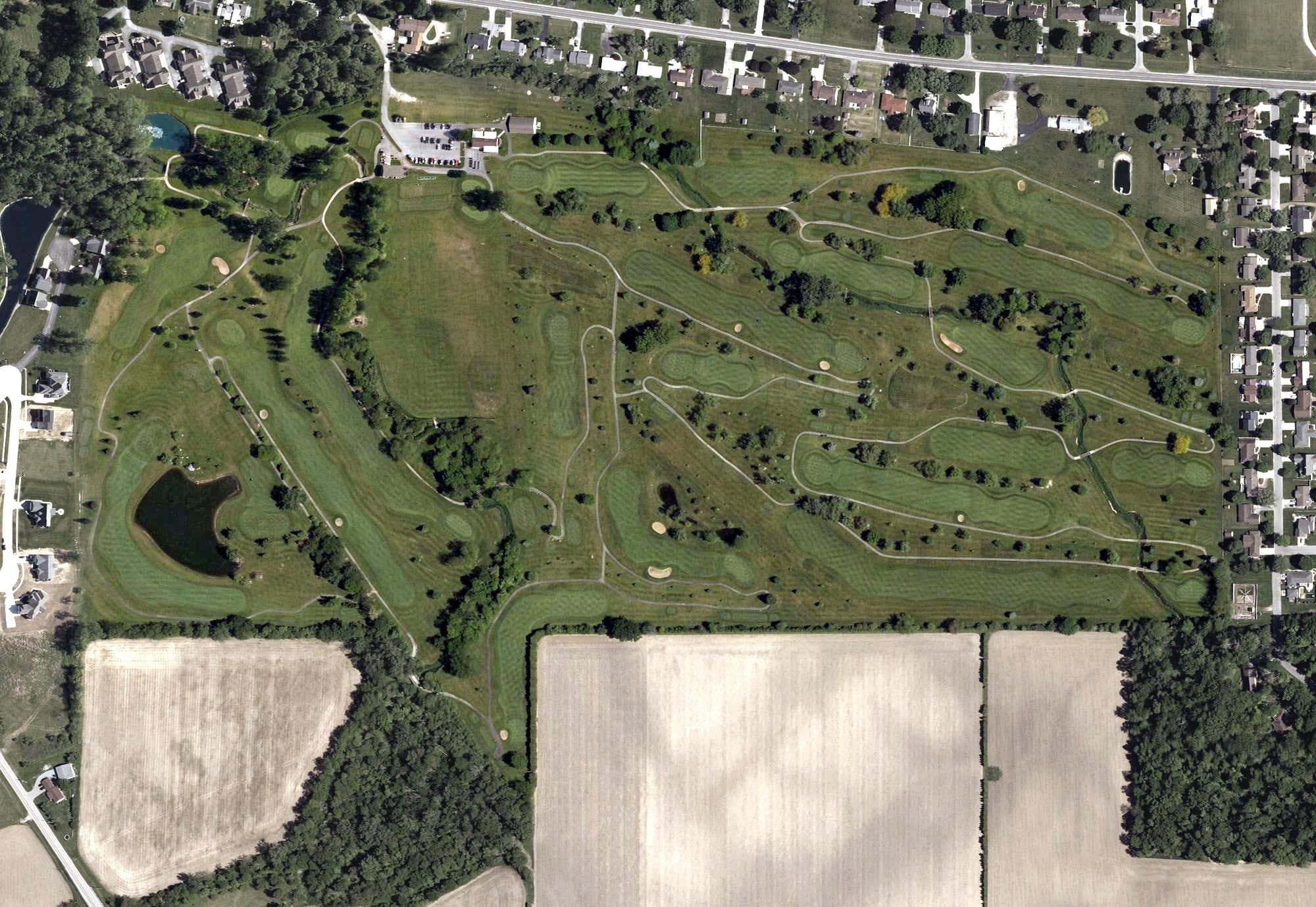Aerial view of Loudon Meadows Golf Club, OH, with its hole routing marked