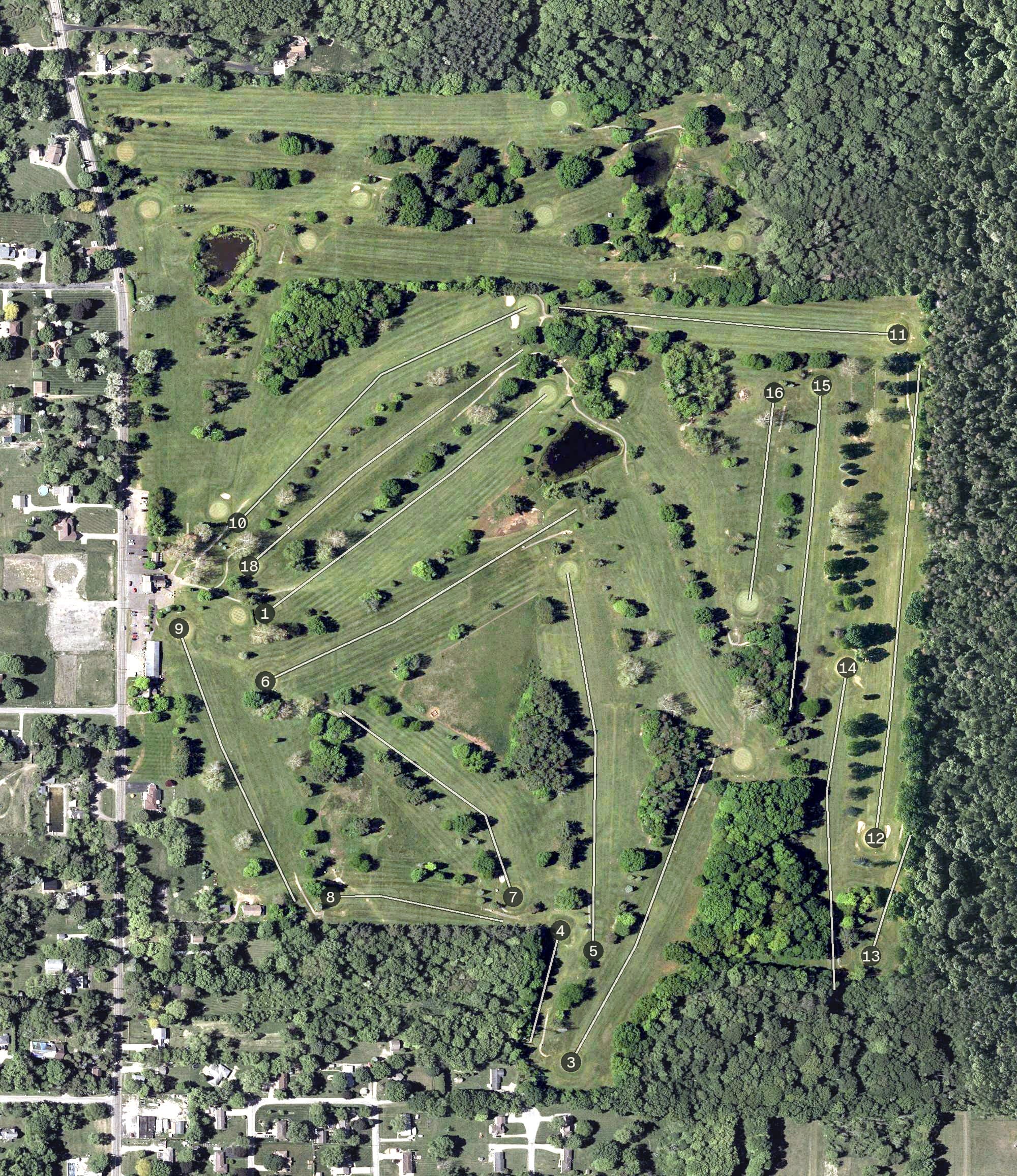 Aerial view of Loyal Oak Golf Course, OH, with its hole routing marked