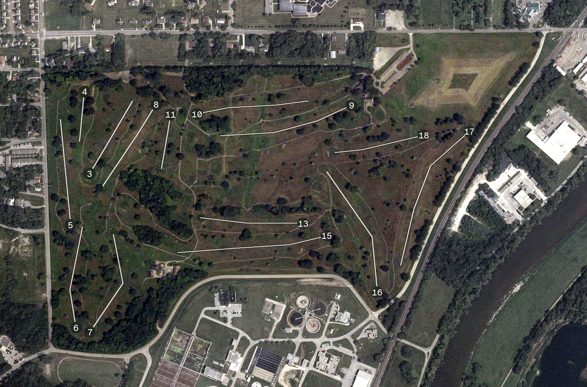 Aerial view of Madden Golf Course, OH, with its hole routing marked