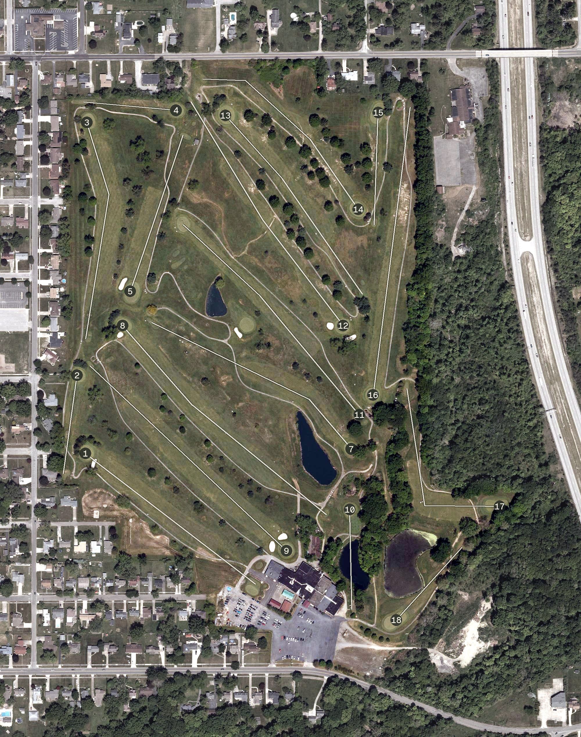 Aerial view of Mahoning Country Club, OH, with its hole routing marked