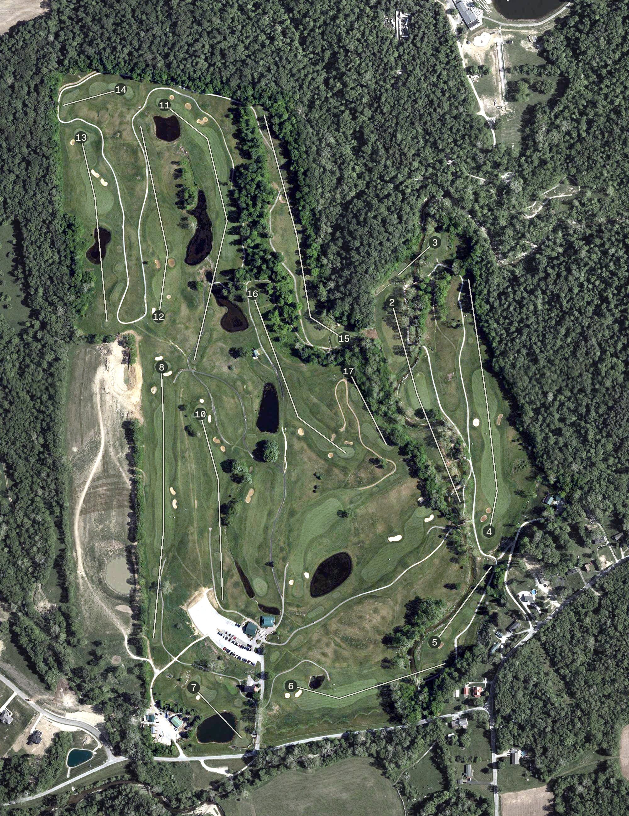 Aerial view of Majestic Springs Golf Club, OH, with its hole routing marked