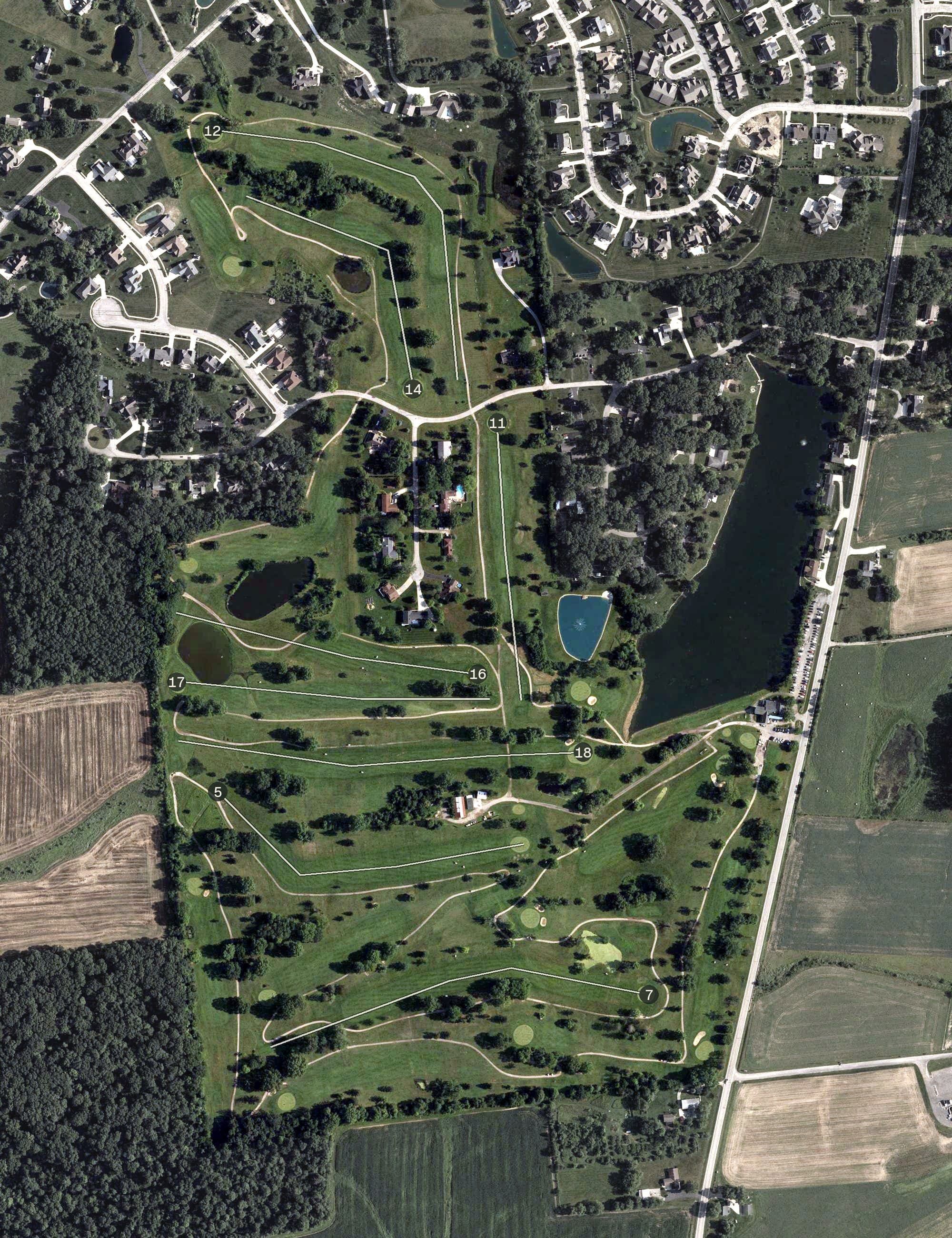 Aerial view of Marysville Golf Club, OH, with its hole routing marked