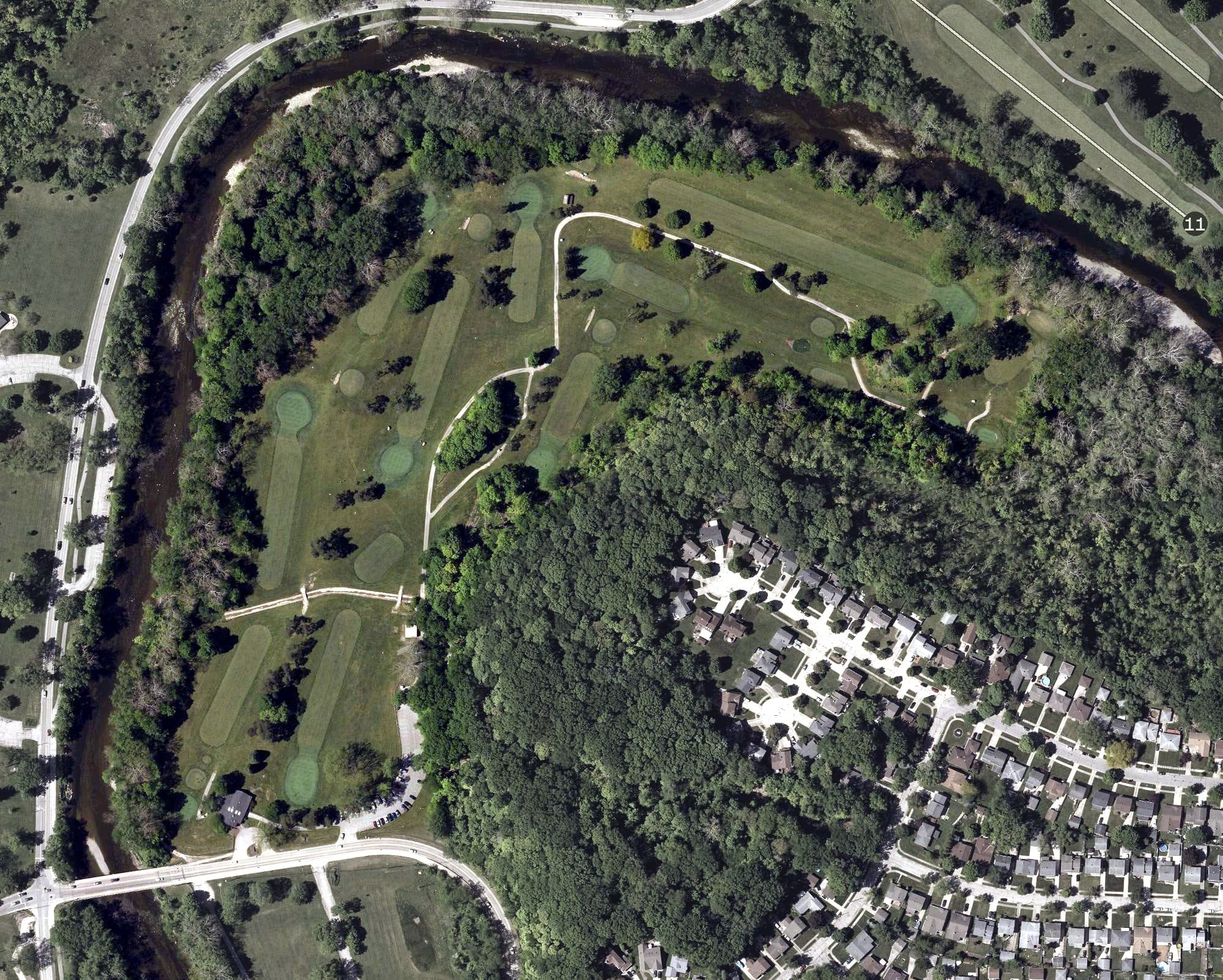 Aerial view of Mastick Woods Golf Course, OH, with its hole routing marked