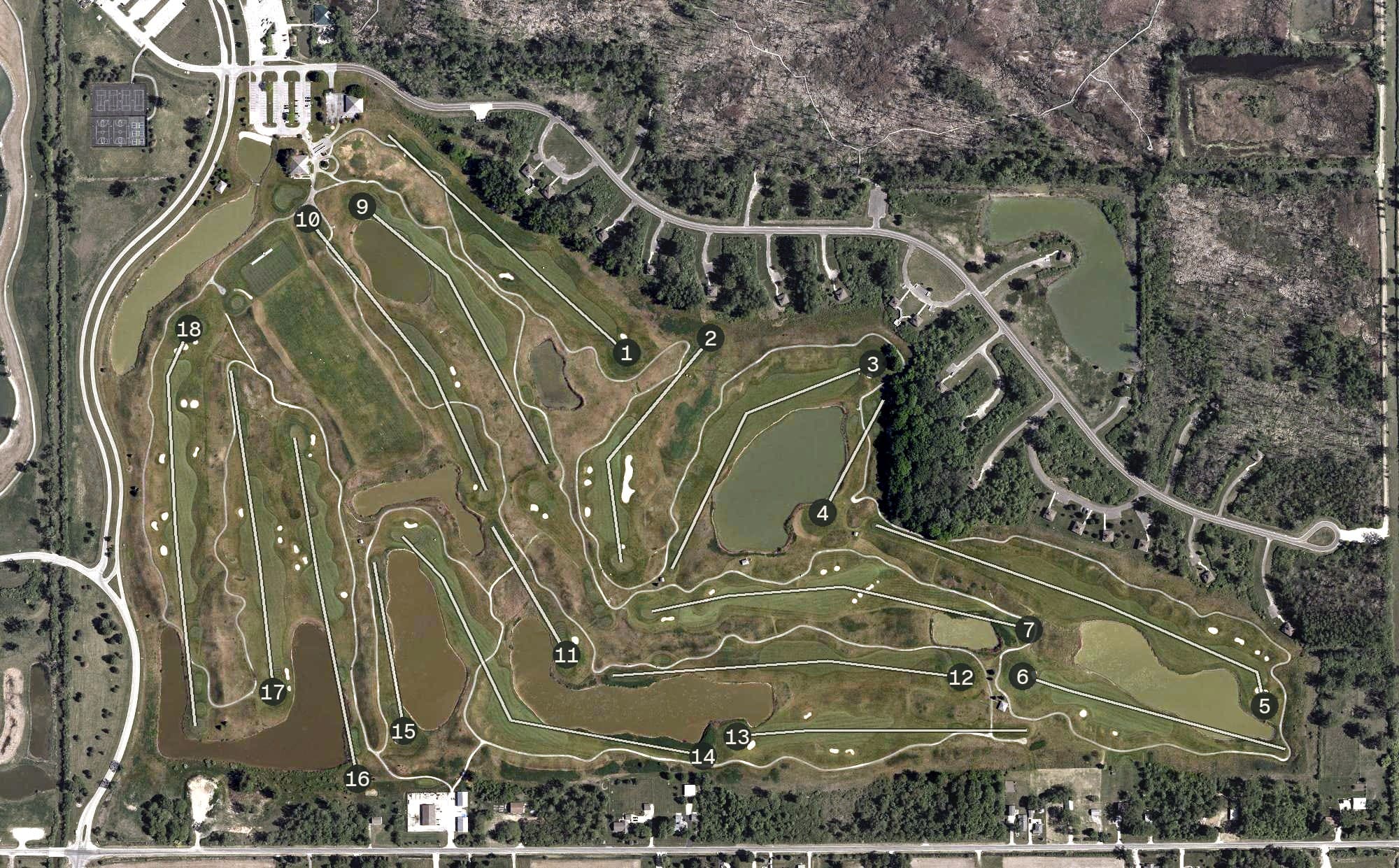 Aerial view of Maumee Bay State Park Golf Course, OH, with its hole routing marked