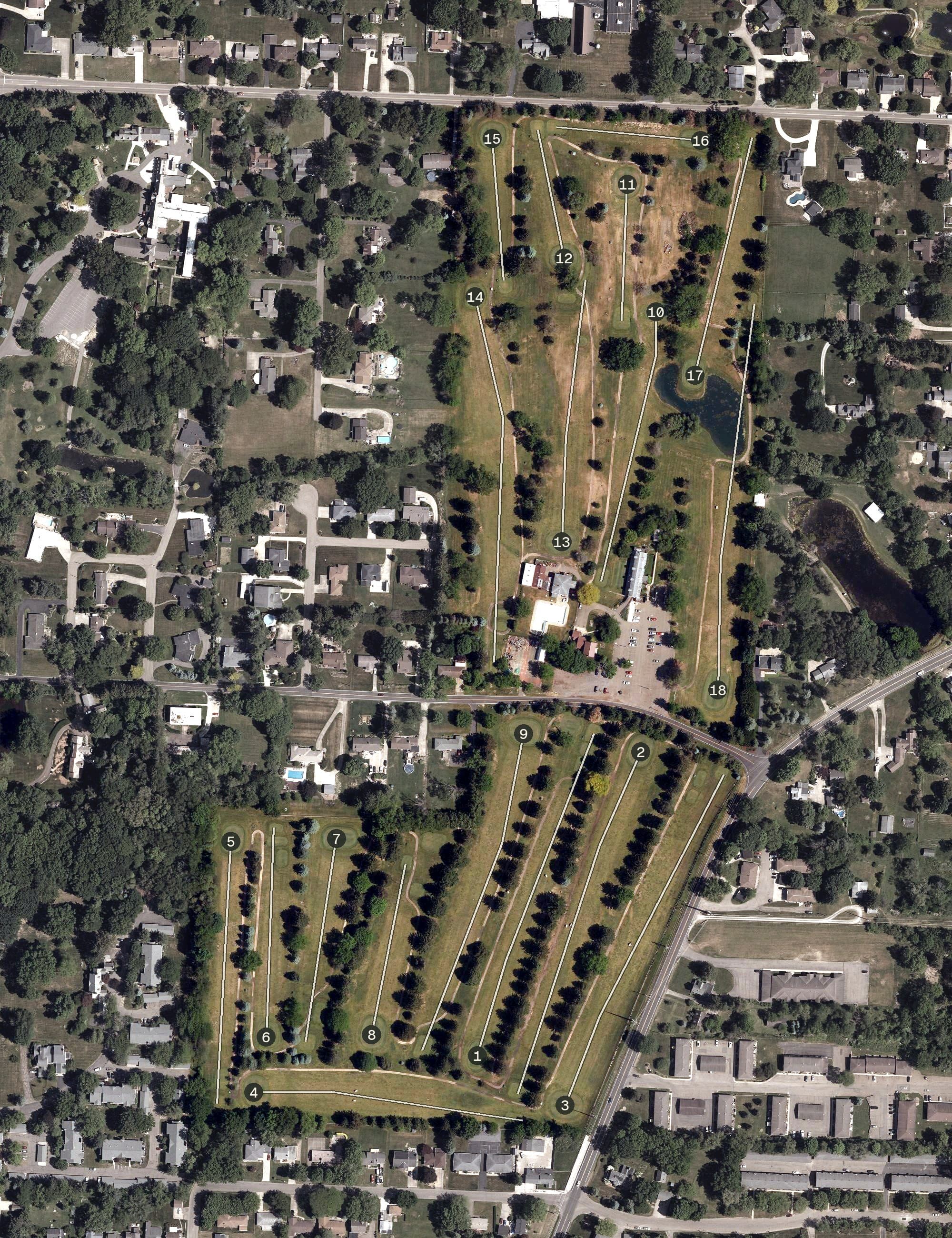 Aerial view of Meadow Lake Golf Club, OH, with its hole routing marked