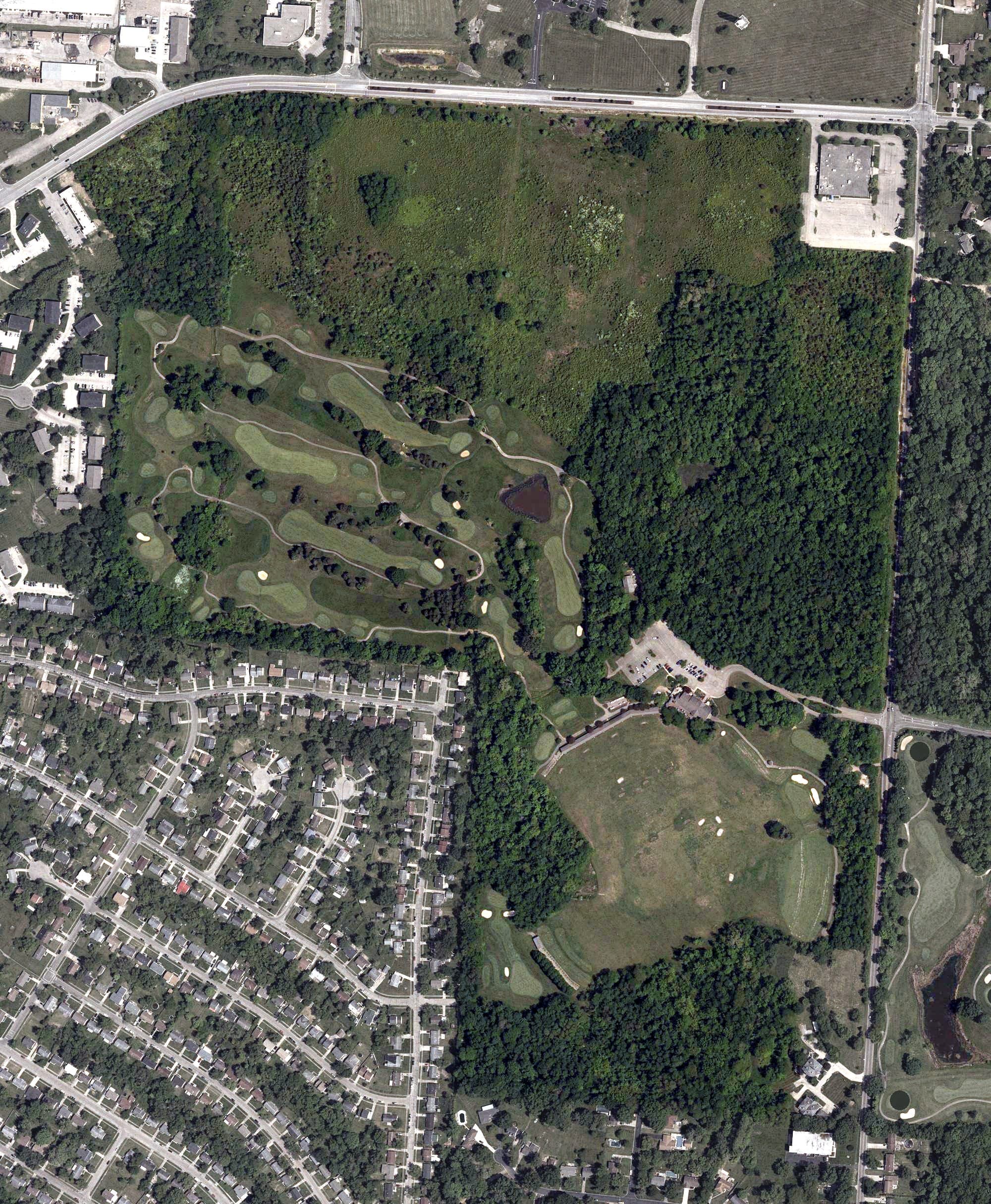 Aerial view of Meadow Links & Golf Academy, OH, with its hole routing marked