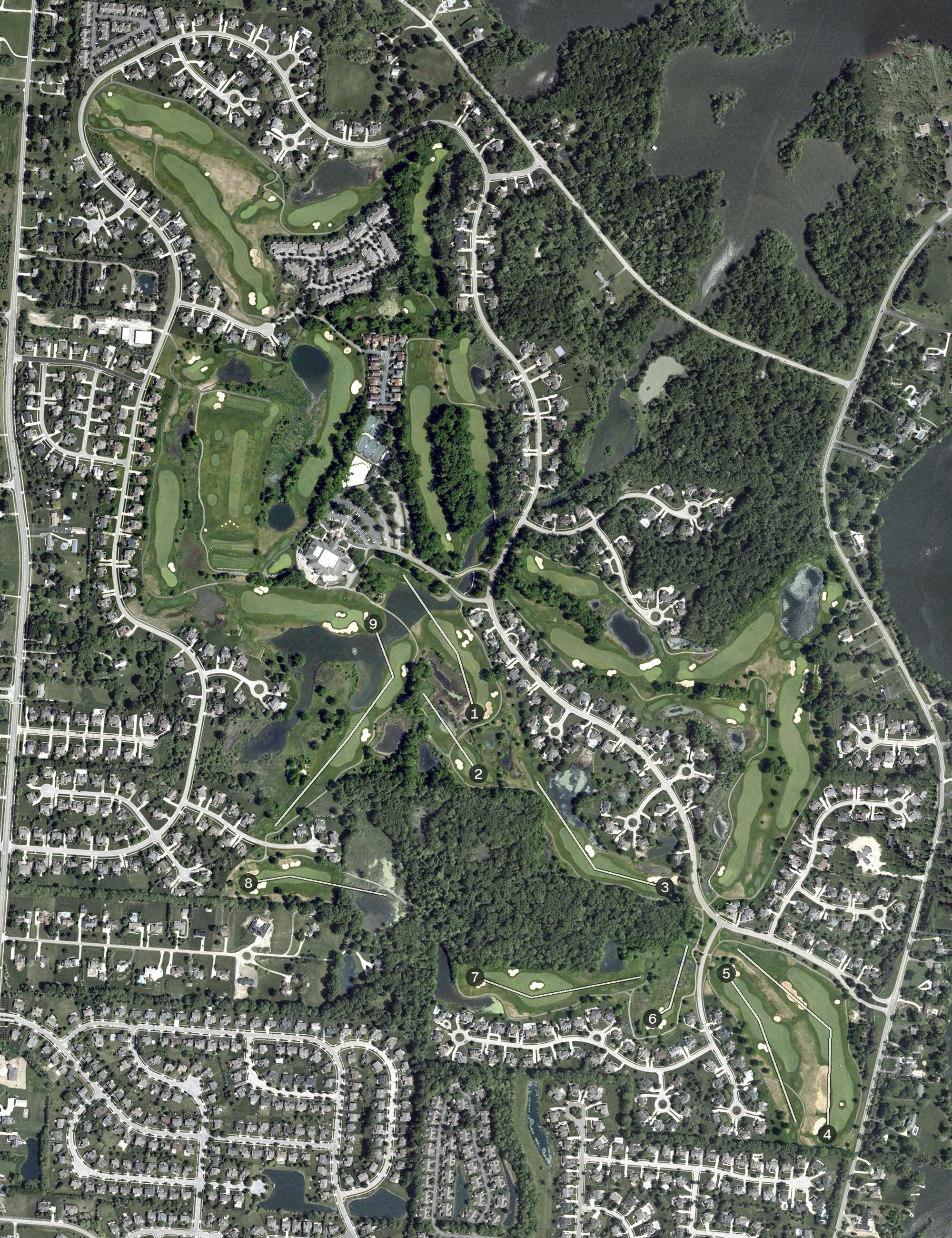Aerial view of Medallion Golf Club, OH, with its hole routing marked