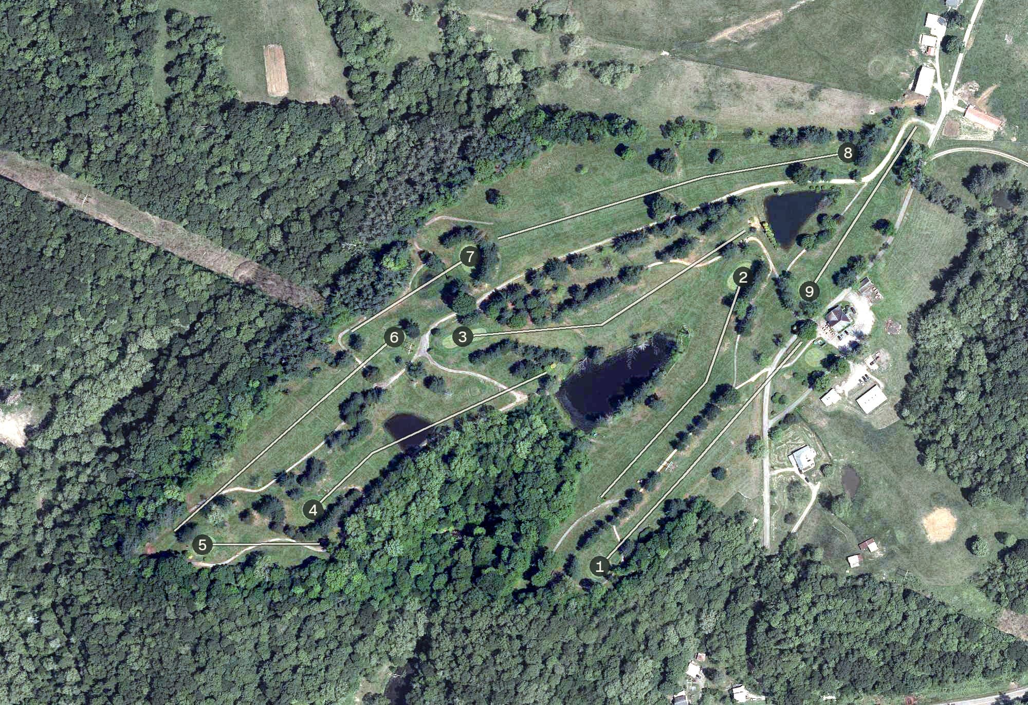 Aerial view of Meigs Golf Course, OH, with its hole routing marked