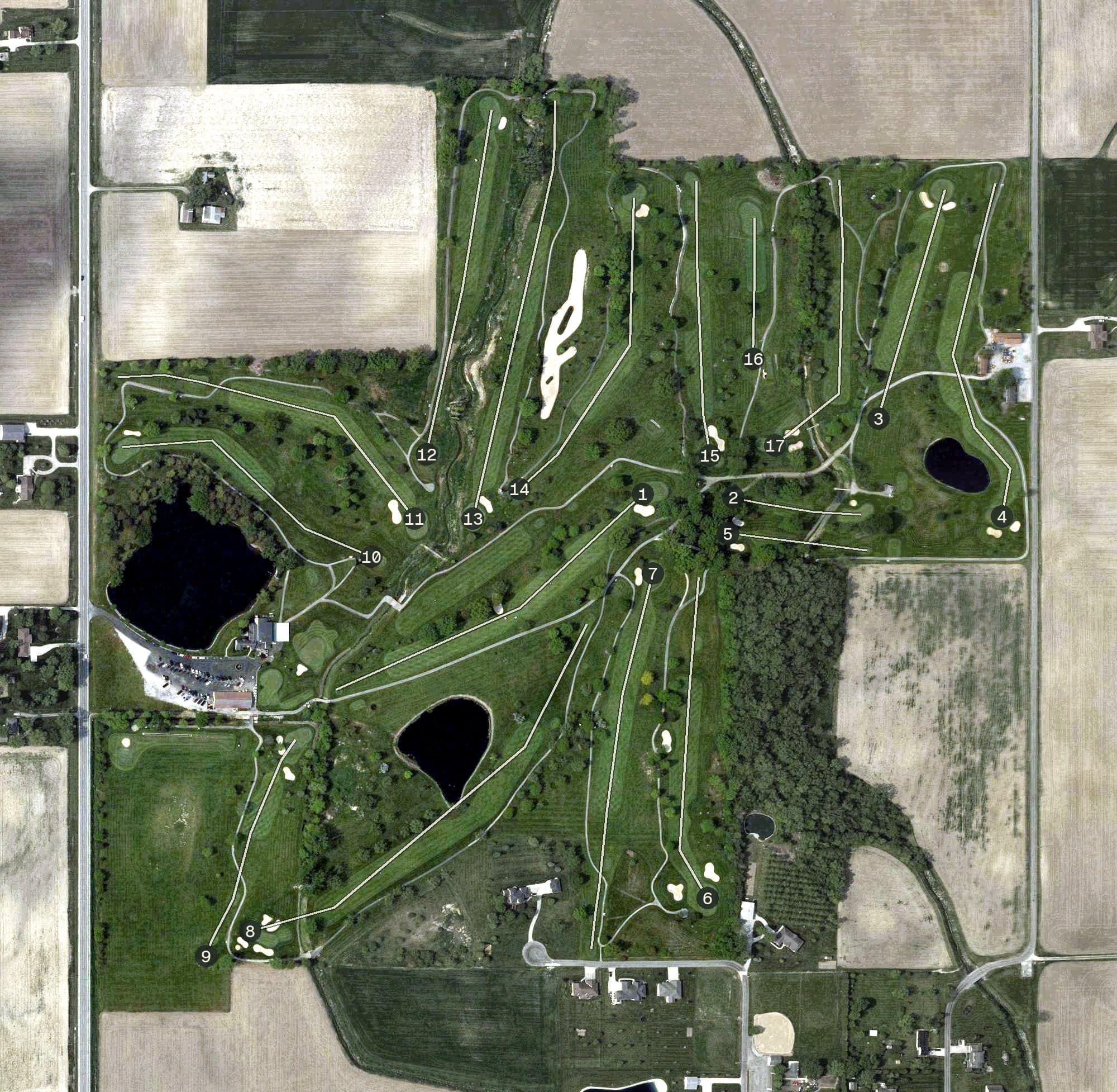 Aerial view of Mercer County Elks Golf Club, OH, with its hole routing marked